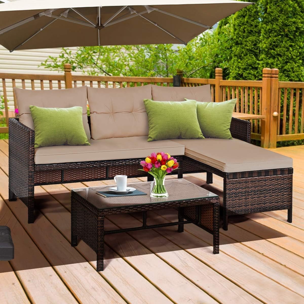Outdoor Rattan Garden Sofa Set with Chaise Lounge & Tempered Glass Table