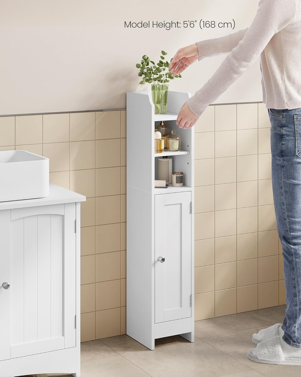 Slim White Bathroom Storage Cabinet with Door, Adjustable Shelves & Narrow Desig