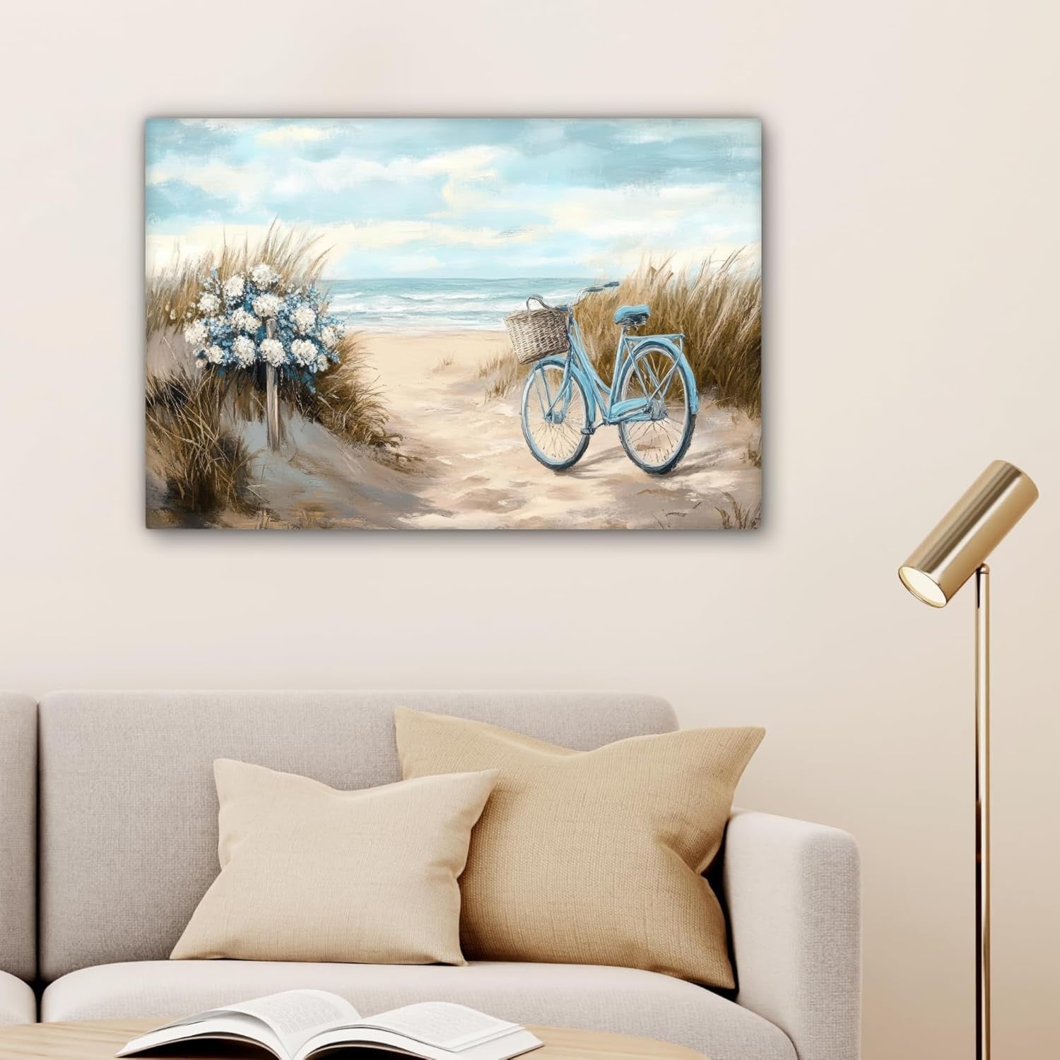 Beach Canvas Wall Art 60x40cm Framed Sea Bike Vintage