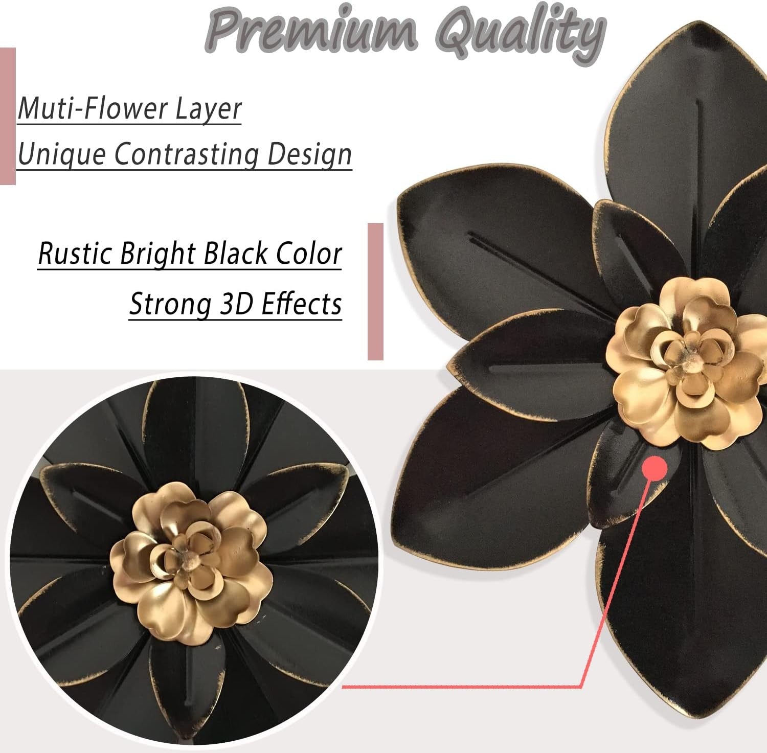 Metal Flower Wall Art 10in Rustic Black Gold Floral Decor