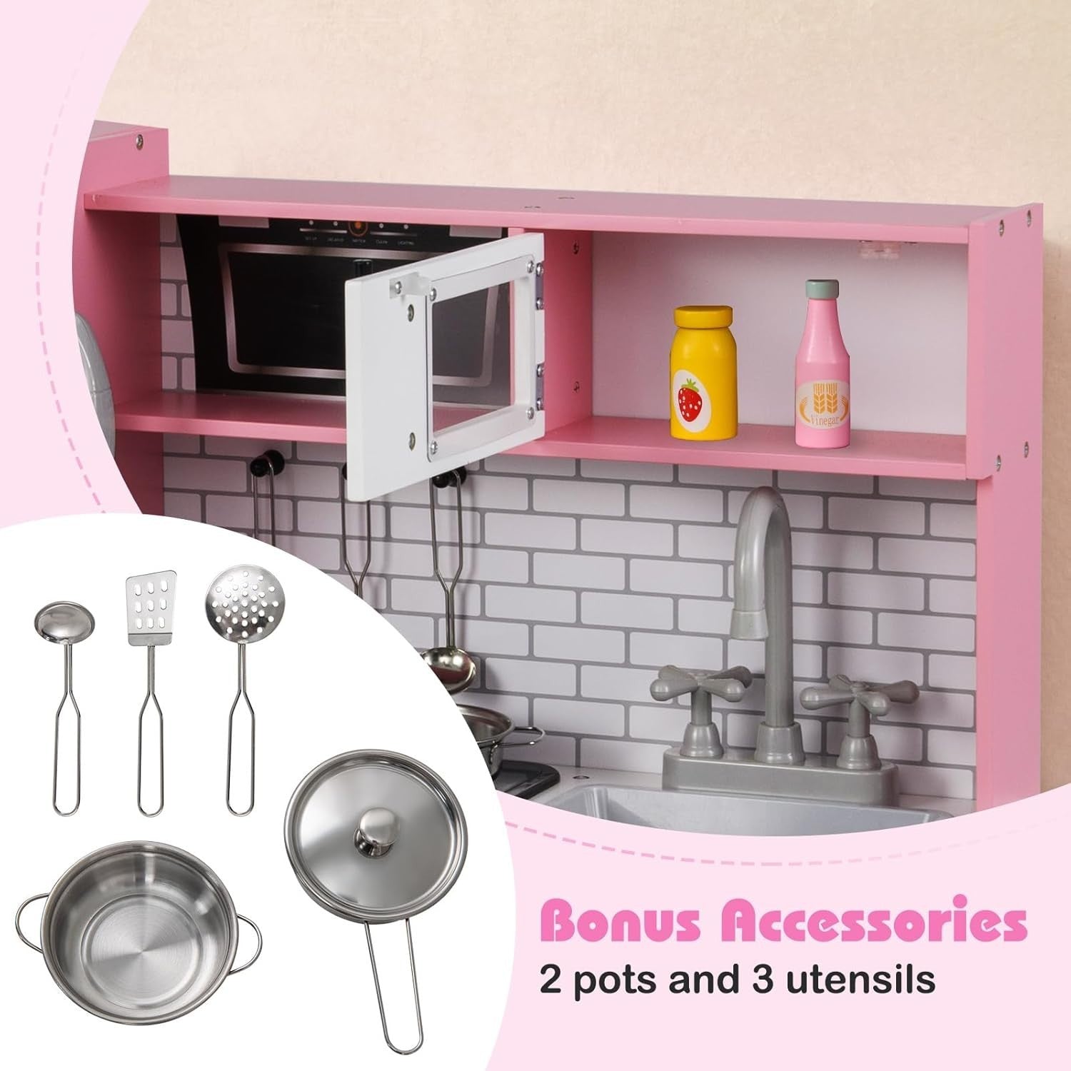 Kids Wooden Play Kitchen Lights Sounds Washing Machine Pink Toy