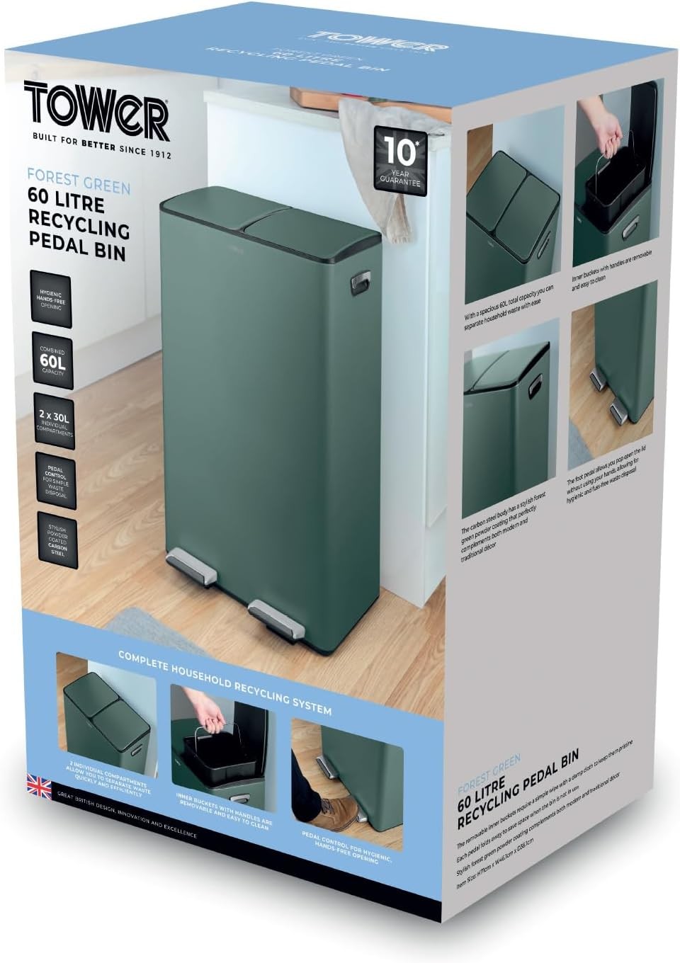60L Recycling Pedal Bin 2x30L Dual Compartment Green