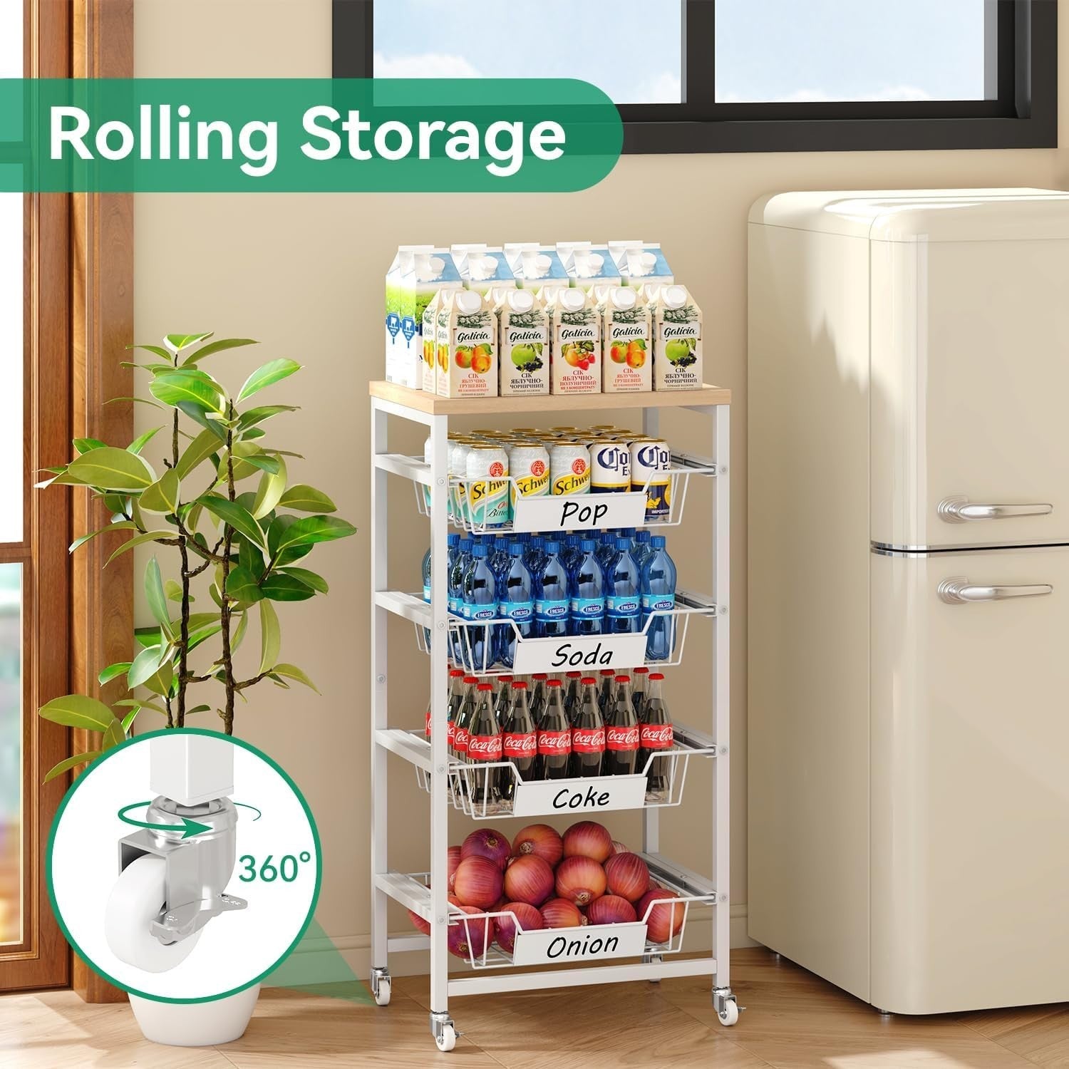 5 Tier Rolling Kitchen Storage Cart Fruit Basket Utility Trolley Wood Top