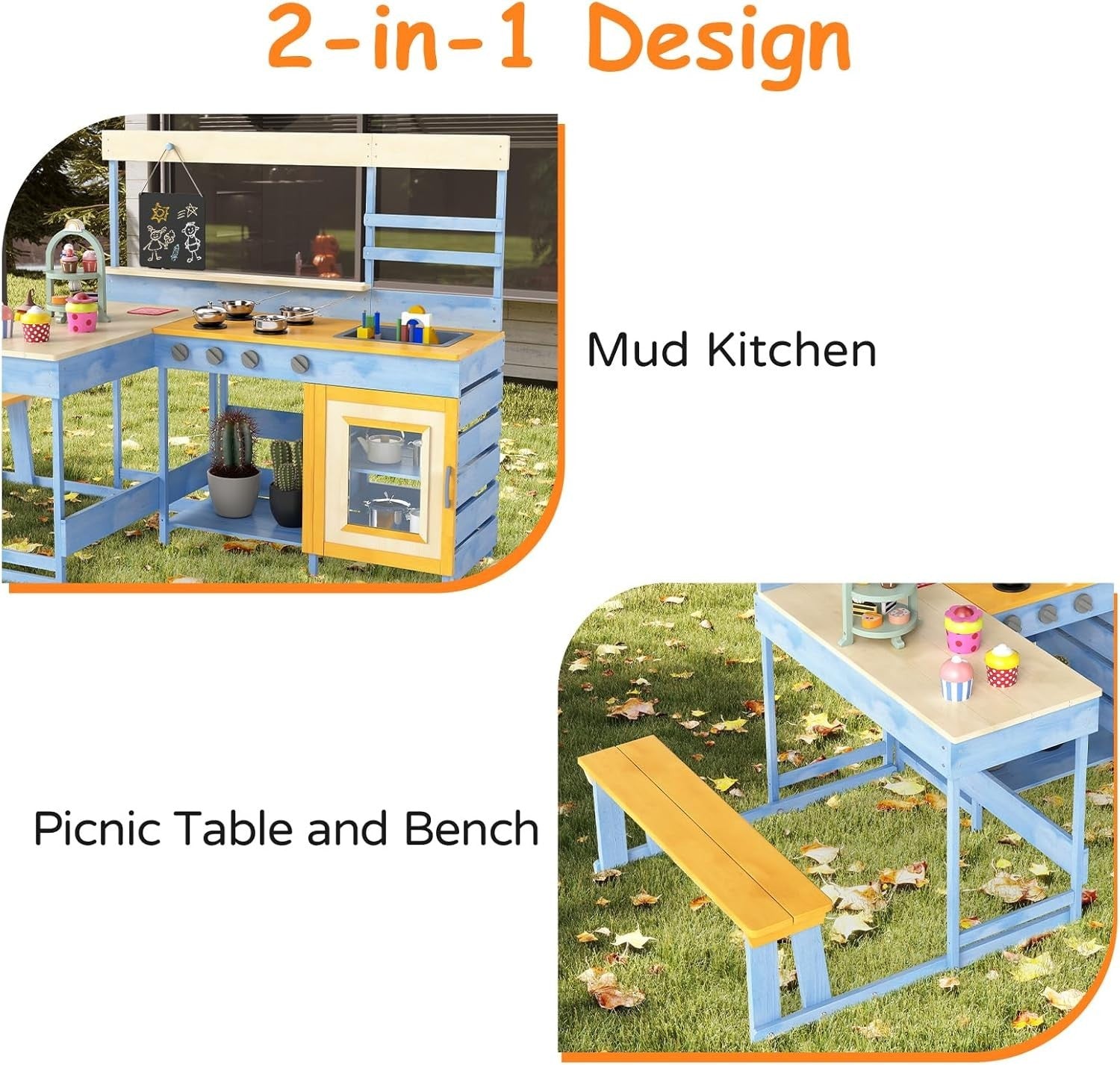 Kids Outdoor Mud Kitchen Wooden Playset Picnic Table Blackboard Toy