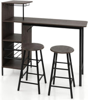 Brown 3-Piece Bar Table Set with Shelves, Wine Rack & 2 Stools, Industrial Dinin