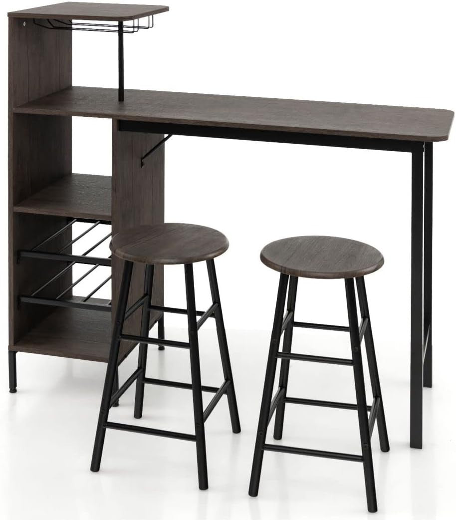 Brown 3-Piece Bar Table Set with Shelves, Wine Rack & 2 Stools, Industrial Dinin
