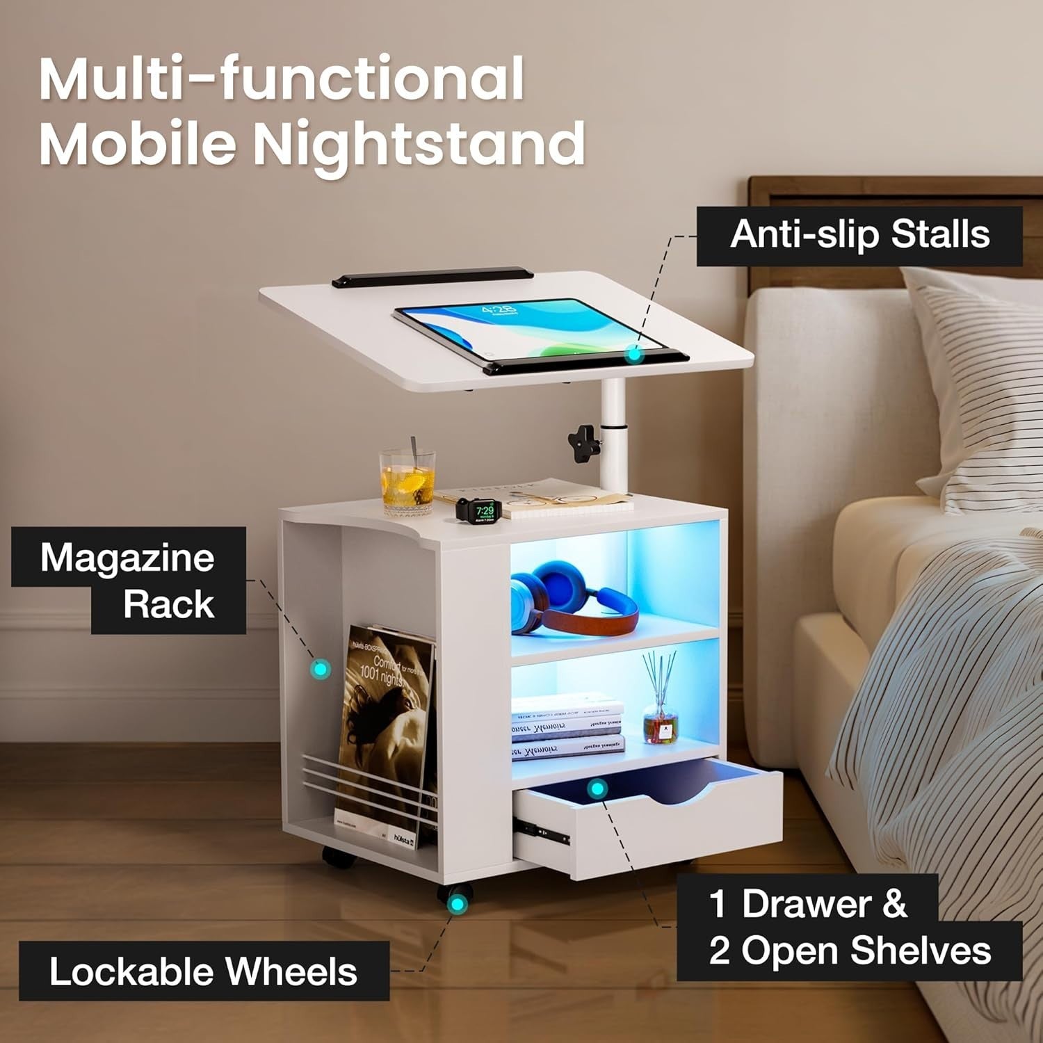 White LED Bedside Table with Adjustable Laptop Stand – Smart Nightstand