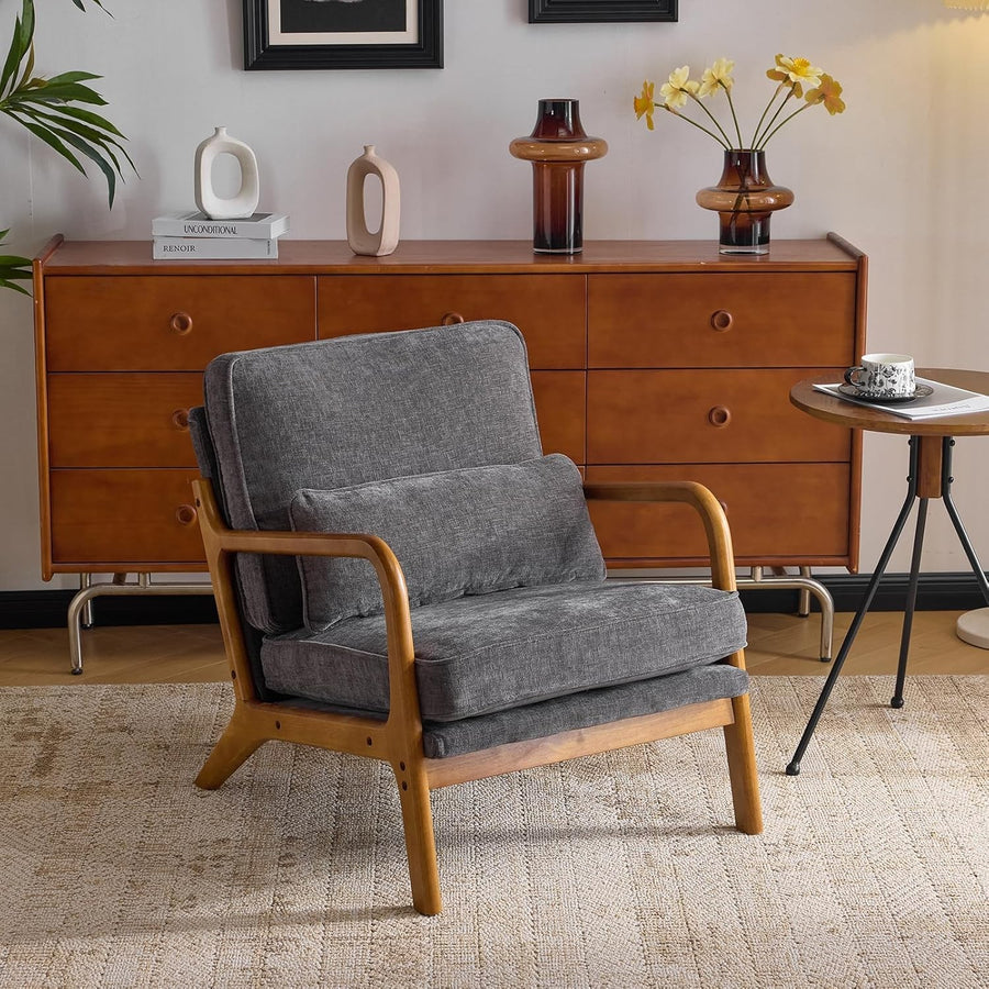 Dark Grey Chenille Accent Chair – Solid Wood Lounge Armchair