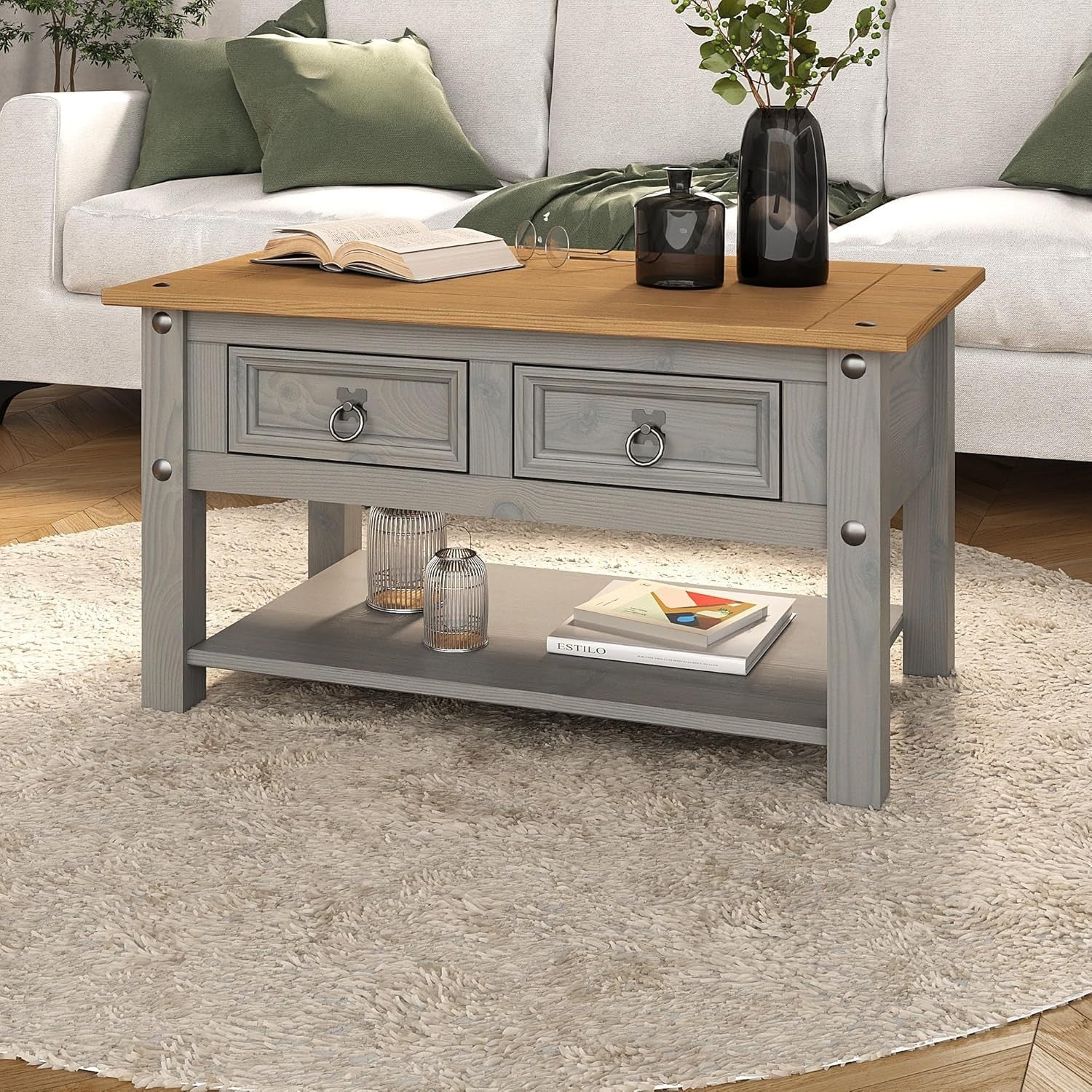 Grey 2-Drawer Coffee Table, Solid Pine Mexican Style 85x50cm