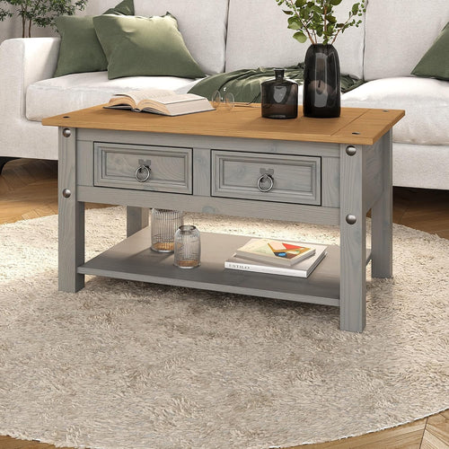 Grey 2-Drawer Coffee Table, Solid Pine Mexican Style 85x50cm