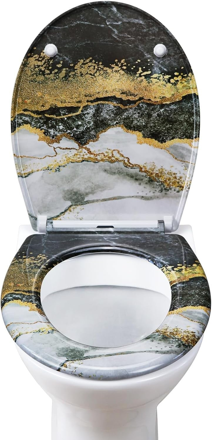 Marble Effect Toilet Seat Soft Close Quick Release Top Fix 45x37cm
