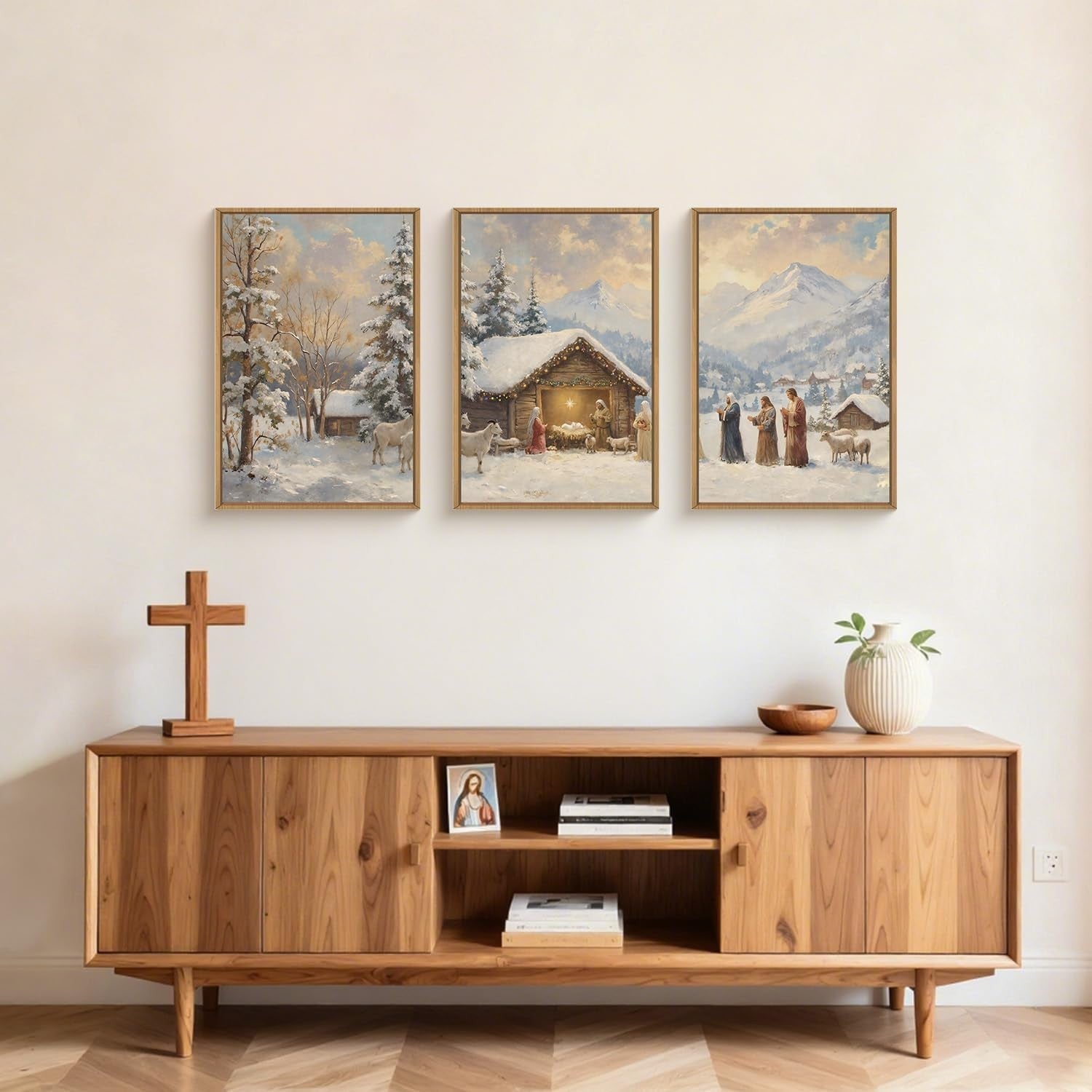 Nativity Framed Canvas Wall Art Set 3 Christian Christmas Winter Decor