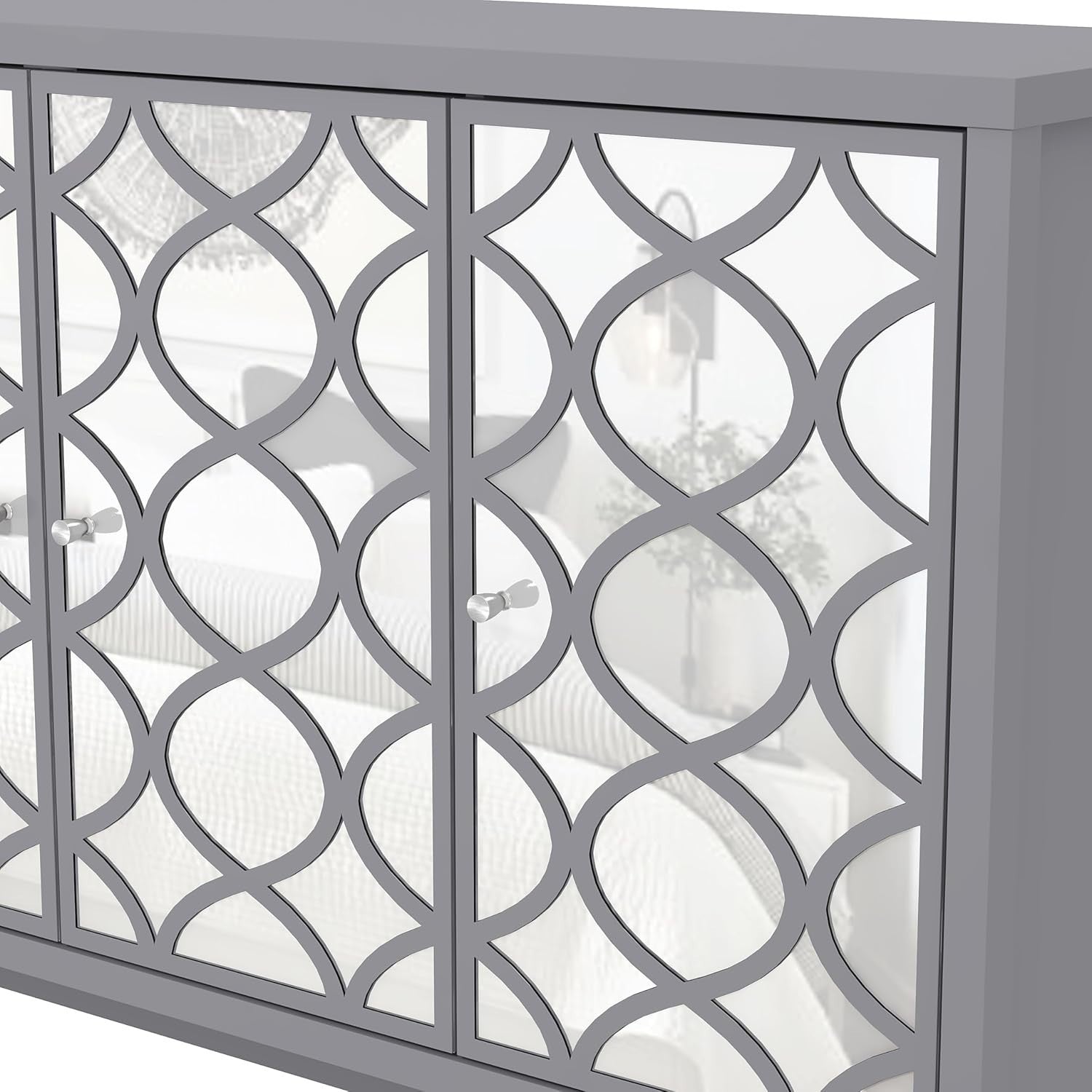 Grey Mirrored Sideboard Cabinet 3 Door Storage Unit for Hall or Lounge