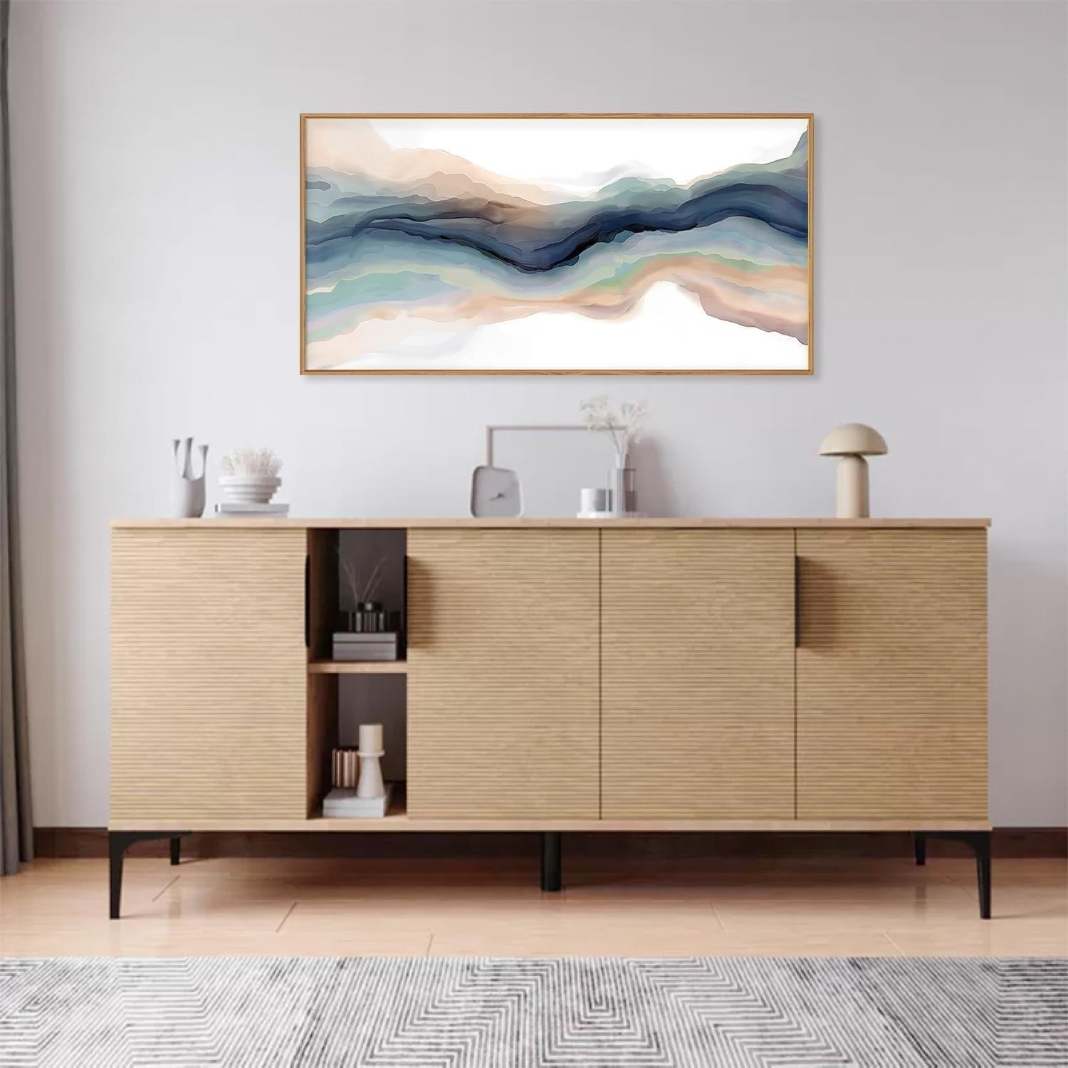 Blue Abstract Line Framed Canvas Wall Art Modern Watercolor Wave 20x40