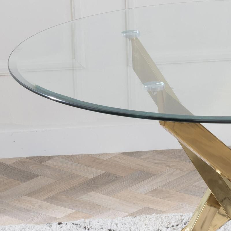 Round Glass Dining Table Set with 4 Leather Chairs & Gold Metal Legs