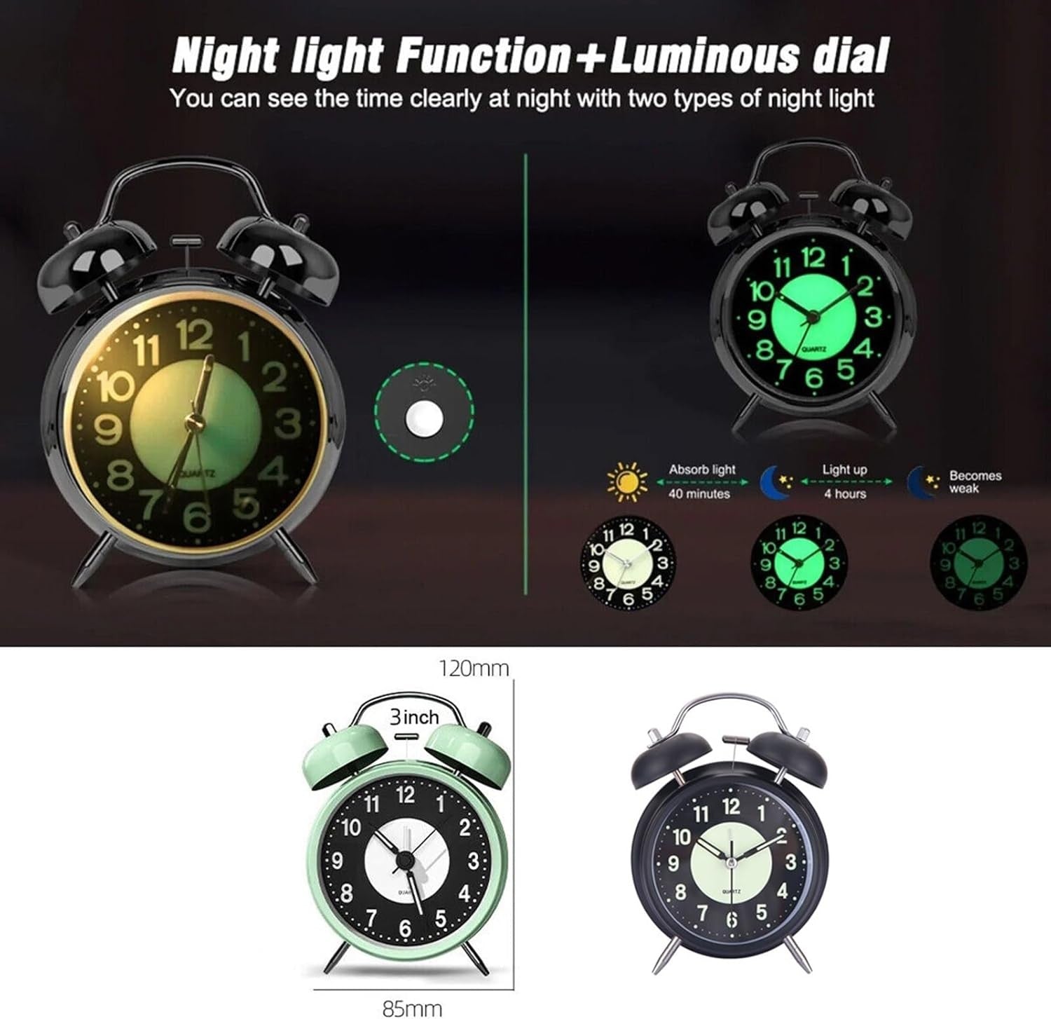 Retro Twin Bell Alarm Clock Silent Non Ticking Night Light Heavy Sleepers clock