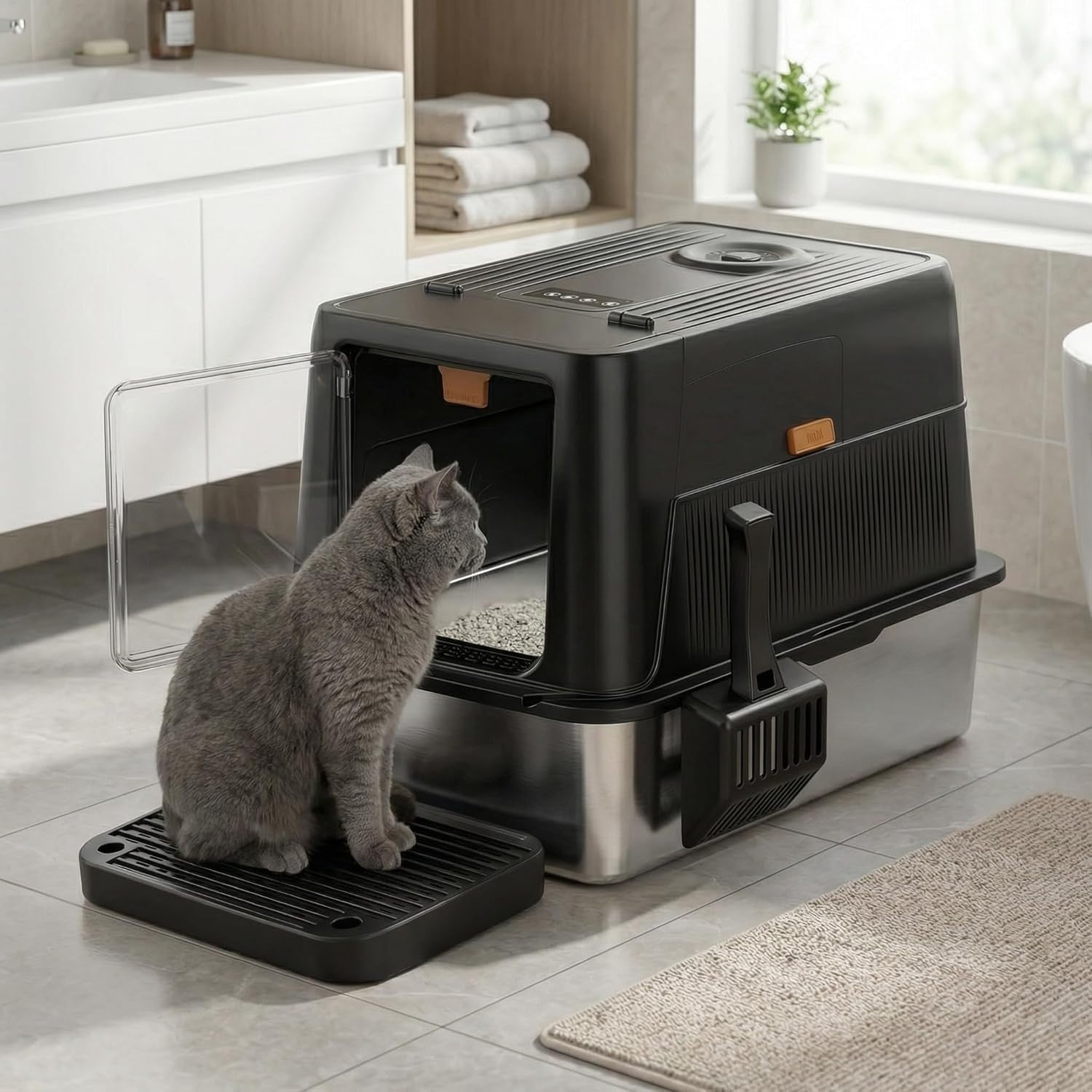XL Stainless Steel Cat Litter Box Odor Control High Sided Enclosed