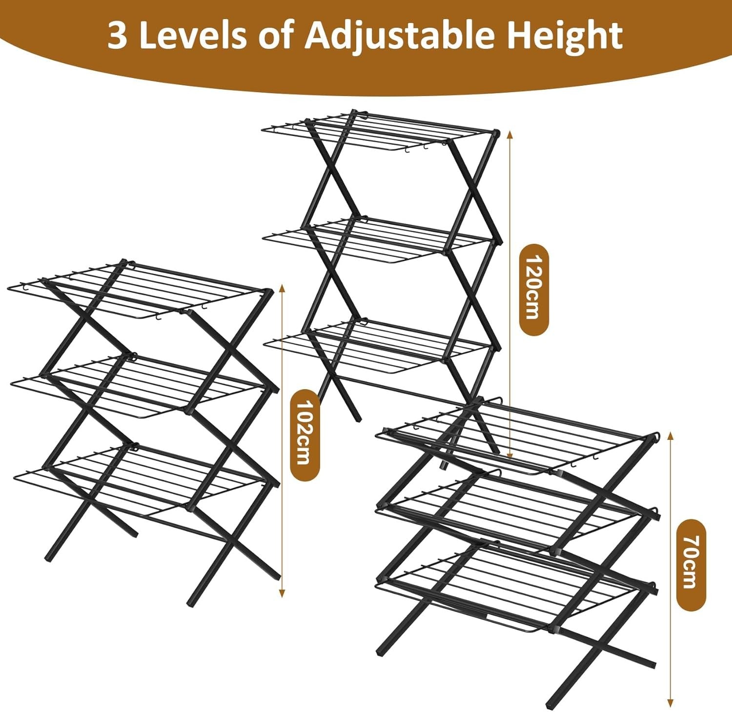 3 Tier Folding Clothes Airer Tall Laundry Drying Rack Space Saving 120cm