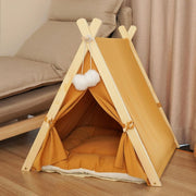 Wooden Pet Teepee Tent Cat Dog House w Cushion Indoor Shelter Yellow