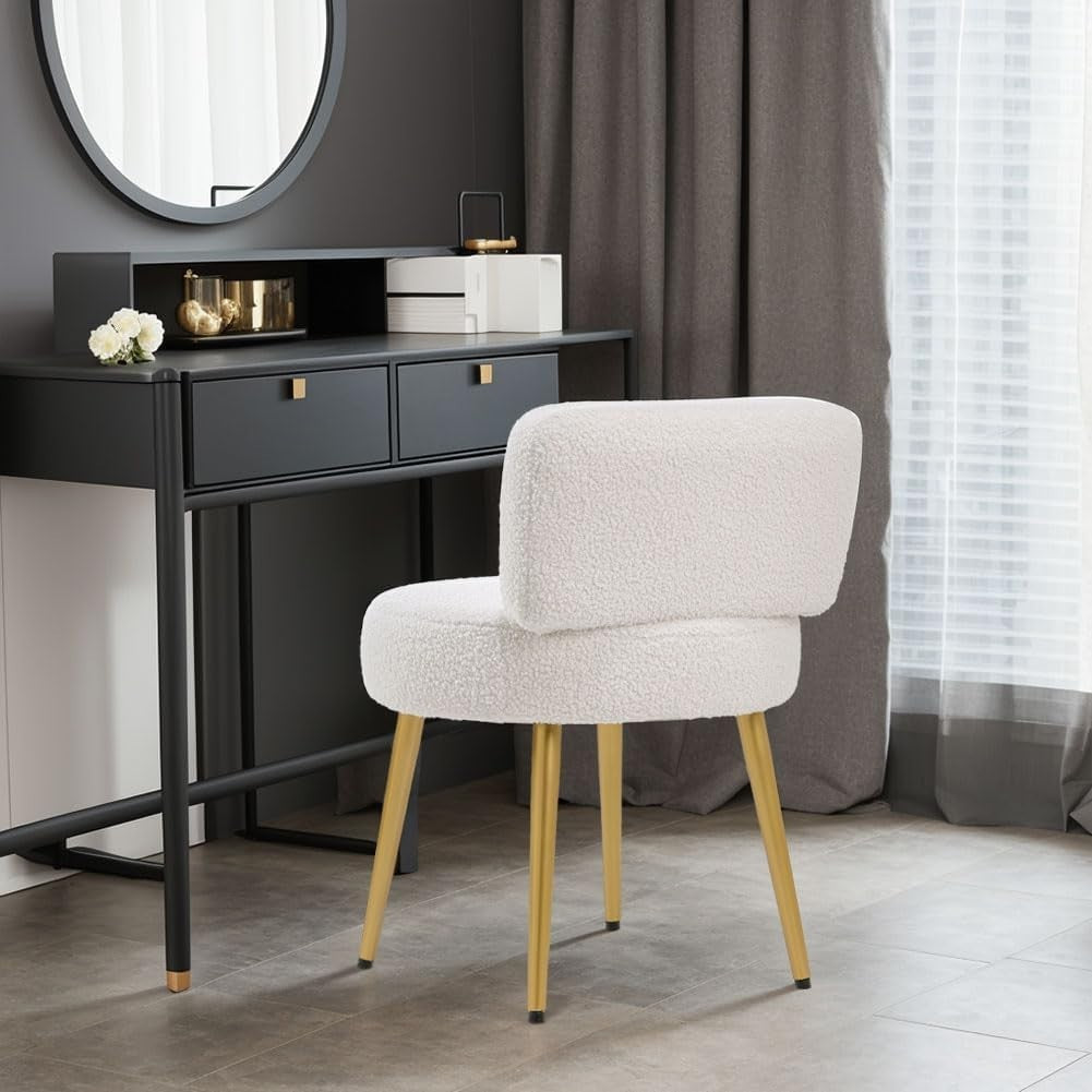 White Teddy Velvet Vanity Stool with Gold Legs – Tufted Back Dressing Chair