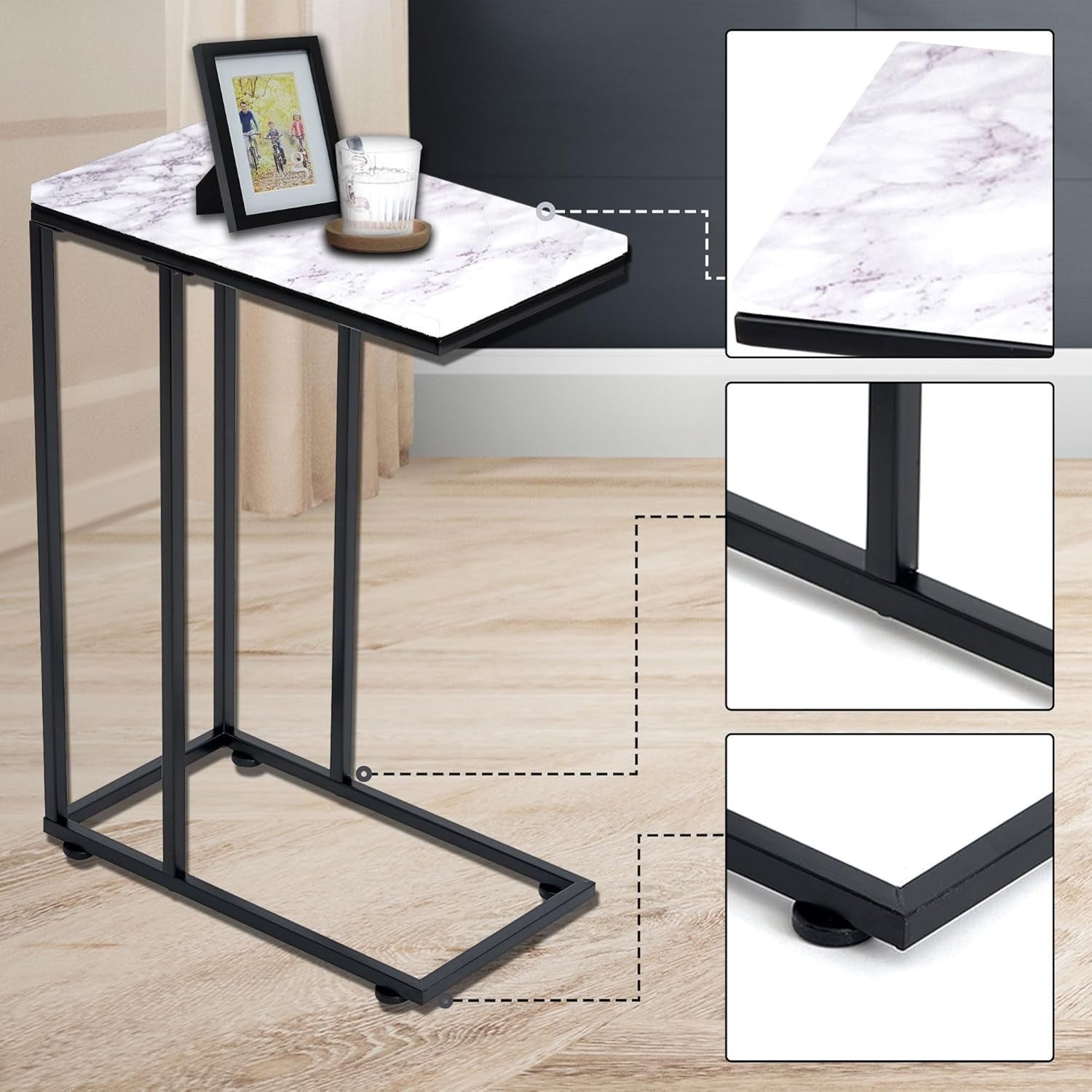 C Shaped Side Table, White Marble Effect Coffee Table for Sofa, Laptop & Snacks