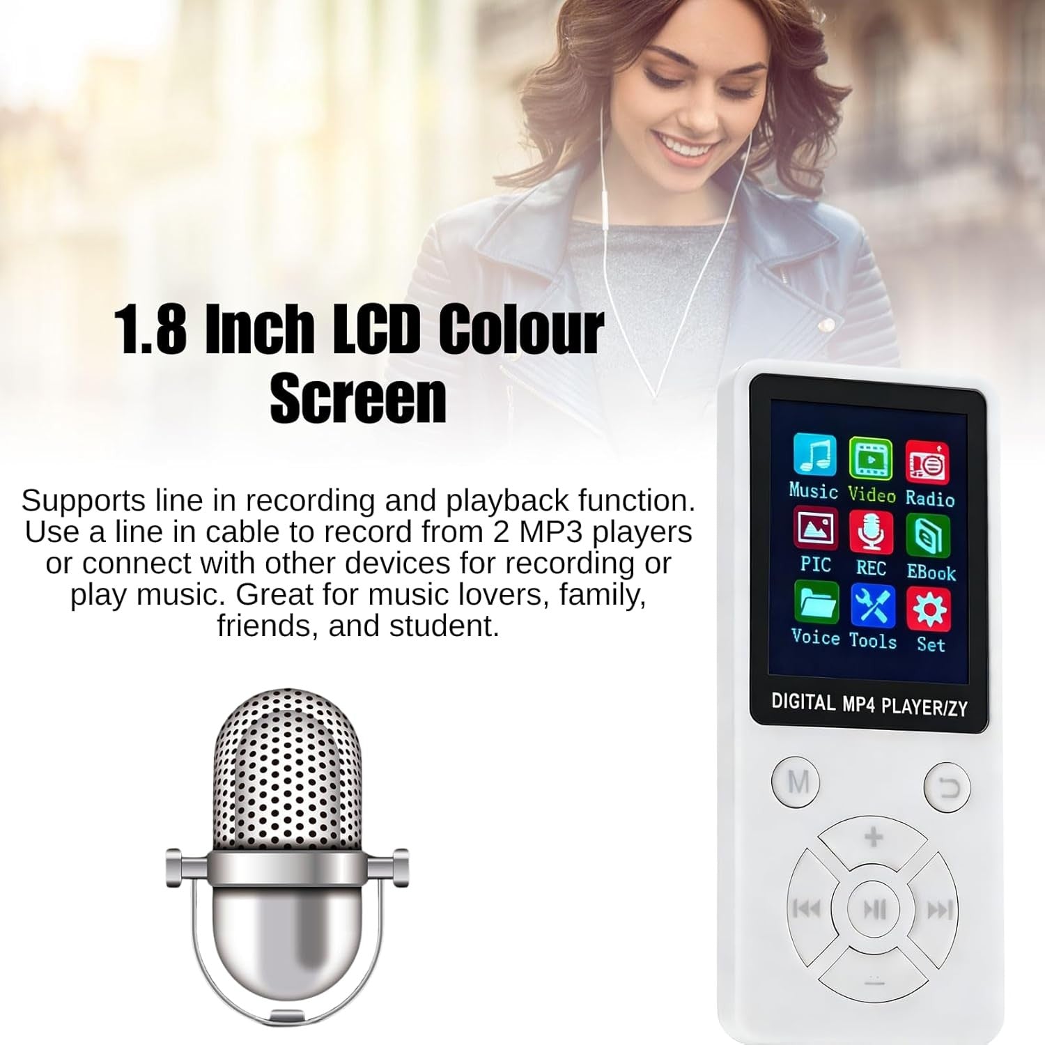 64GB Bluetooth 5.0 MP3 MP4 Player 1.8" LCD FM Radio White