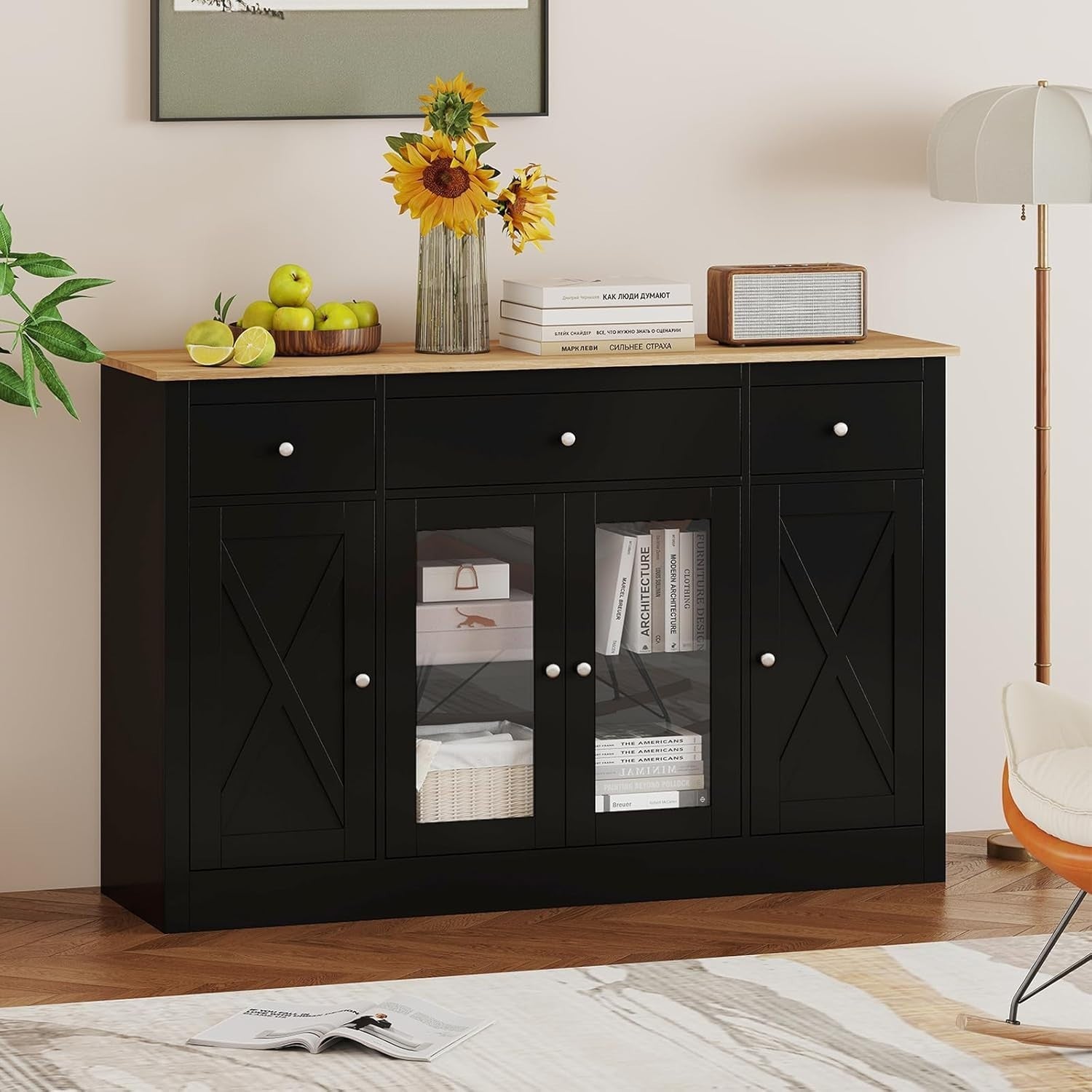 140cm Black Buffet Sideboard Cabinet 3 Drawers 2 Glass Doors Adjustable Shelves