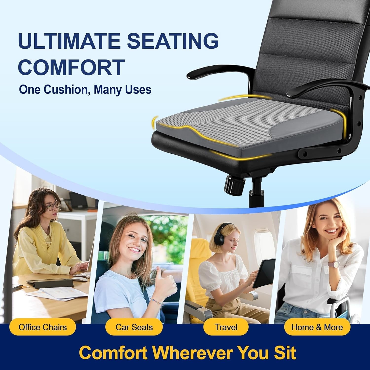 Memory Foam Seat Cushion Height Booster Back Pain Relief Office Driving