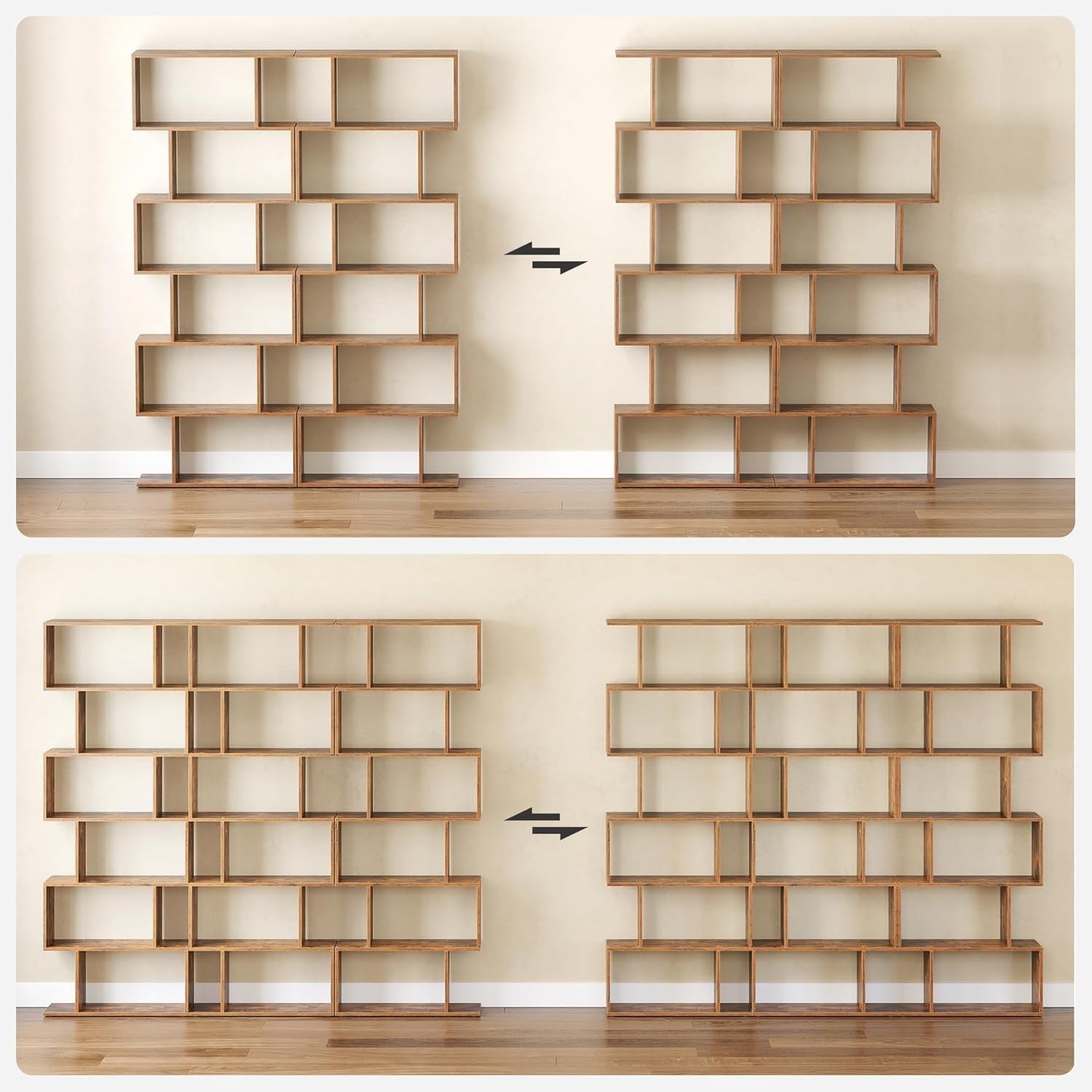 6 Tier Rustic Brown Bookcase S-Shaped Storage Shelf Room Divider 70x24x191cm