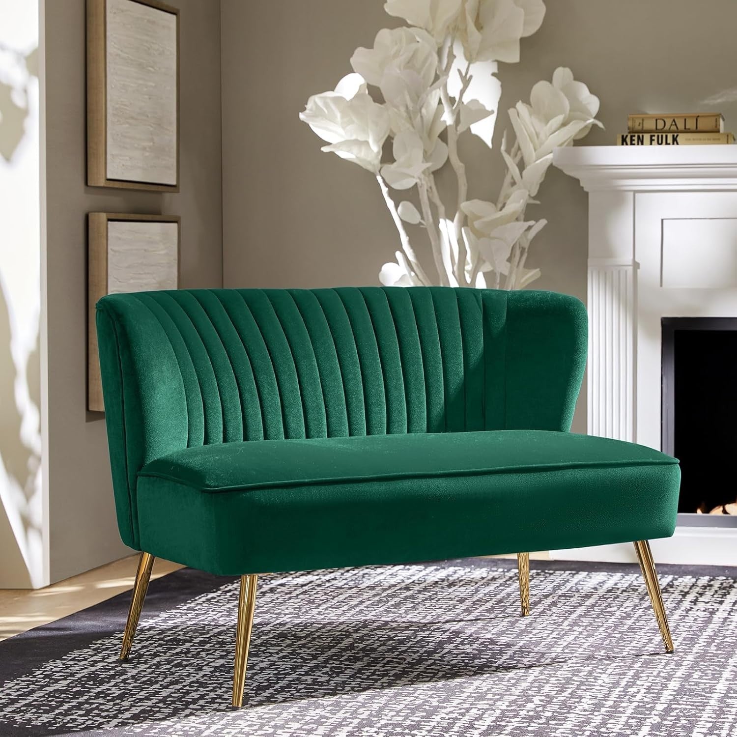 Green Velvet 2 Seater Sofa Armless Loveseat Gold Legs for Lounge or Flat