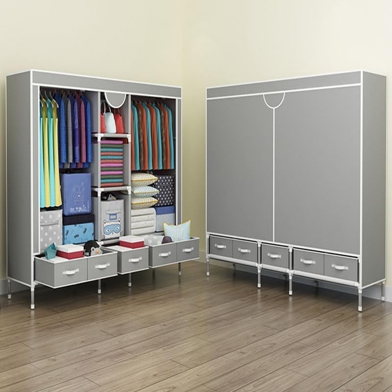 Large Grey Canvas Wardrobe 5 Drawers Hanging Rail Storage Unit 175cm