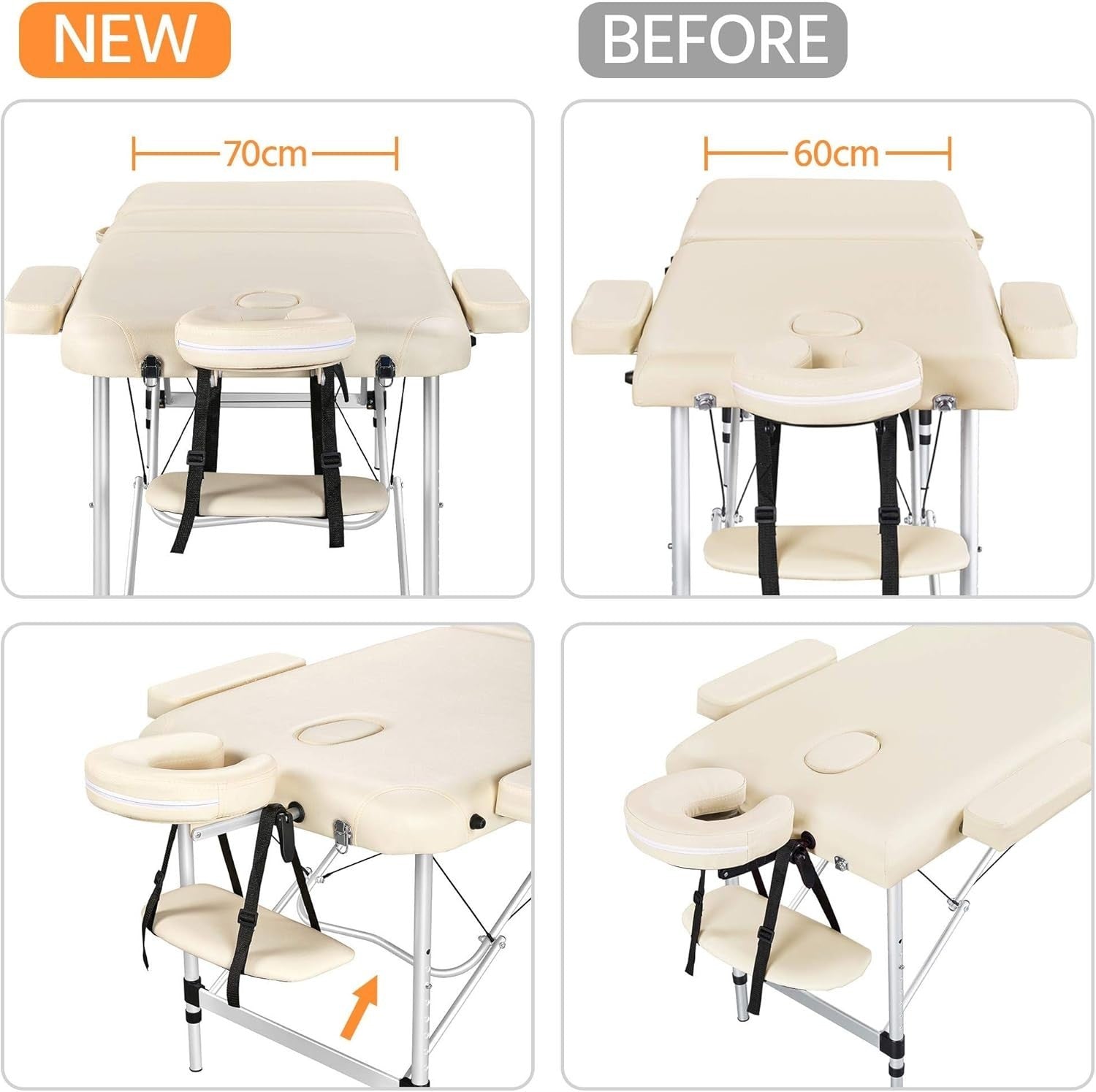 70cm 3-Section Portable Massage Table | Foldable Cream Lash Beauty Bed Aluminium