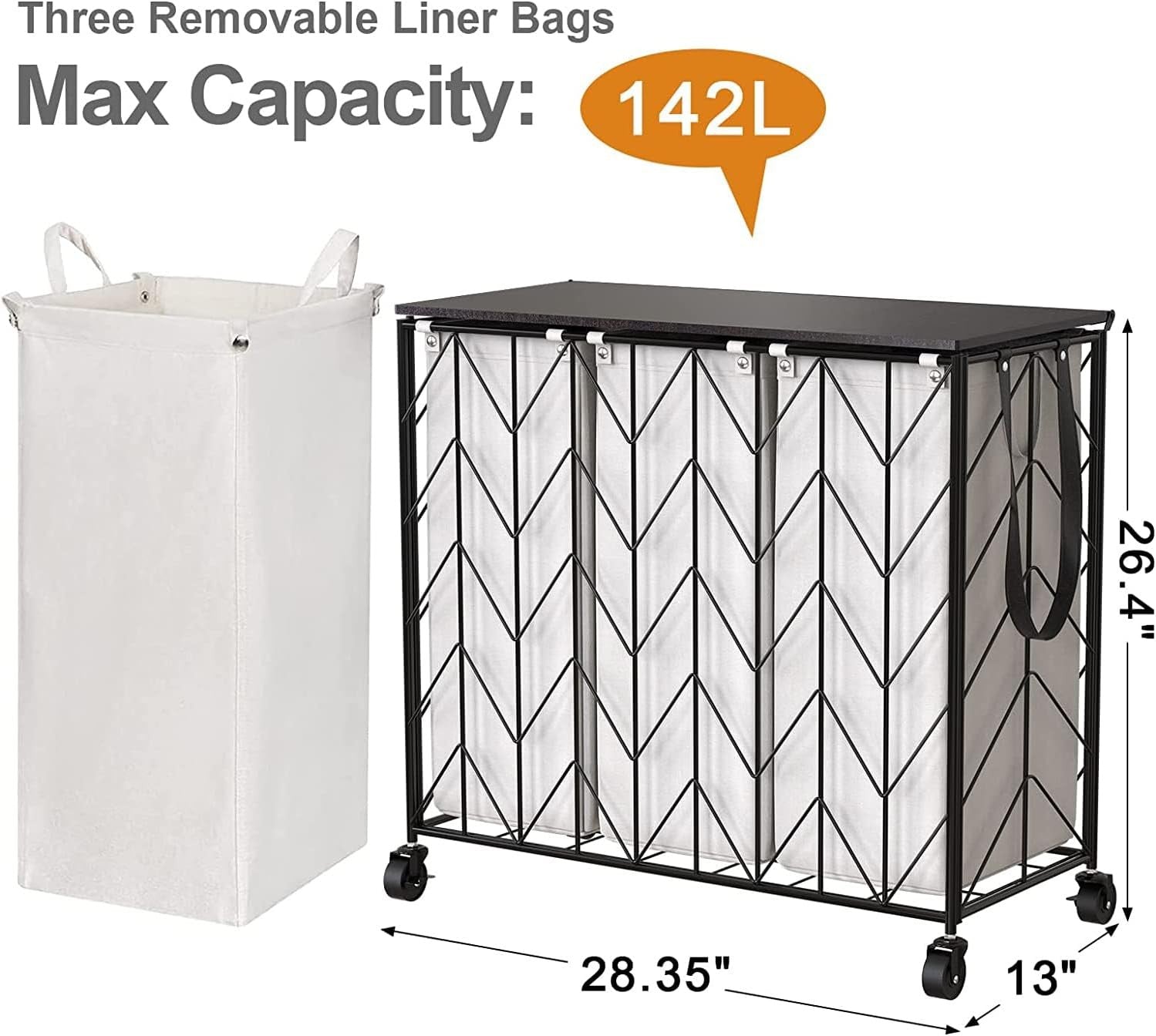 142L 3 Section Laundry Hamper Beige with Wheels Lid Heavy Duty Removable Bags