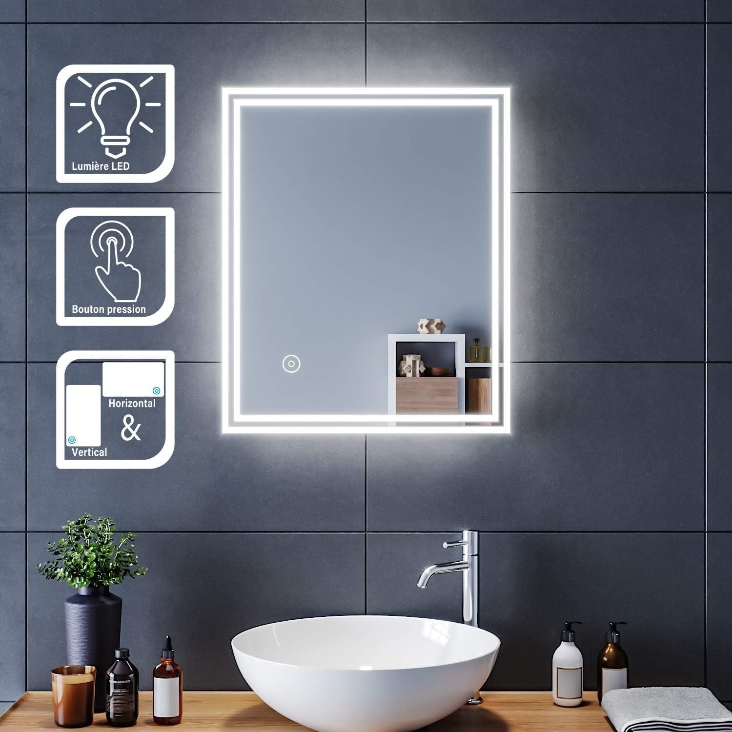 LED Bathroom Mirror 60x50cm Wall Vanity Demister Anti-Fog Touch Sensor