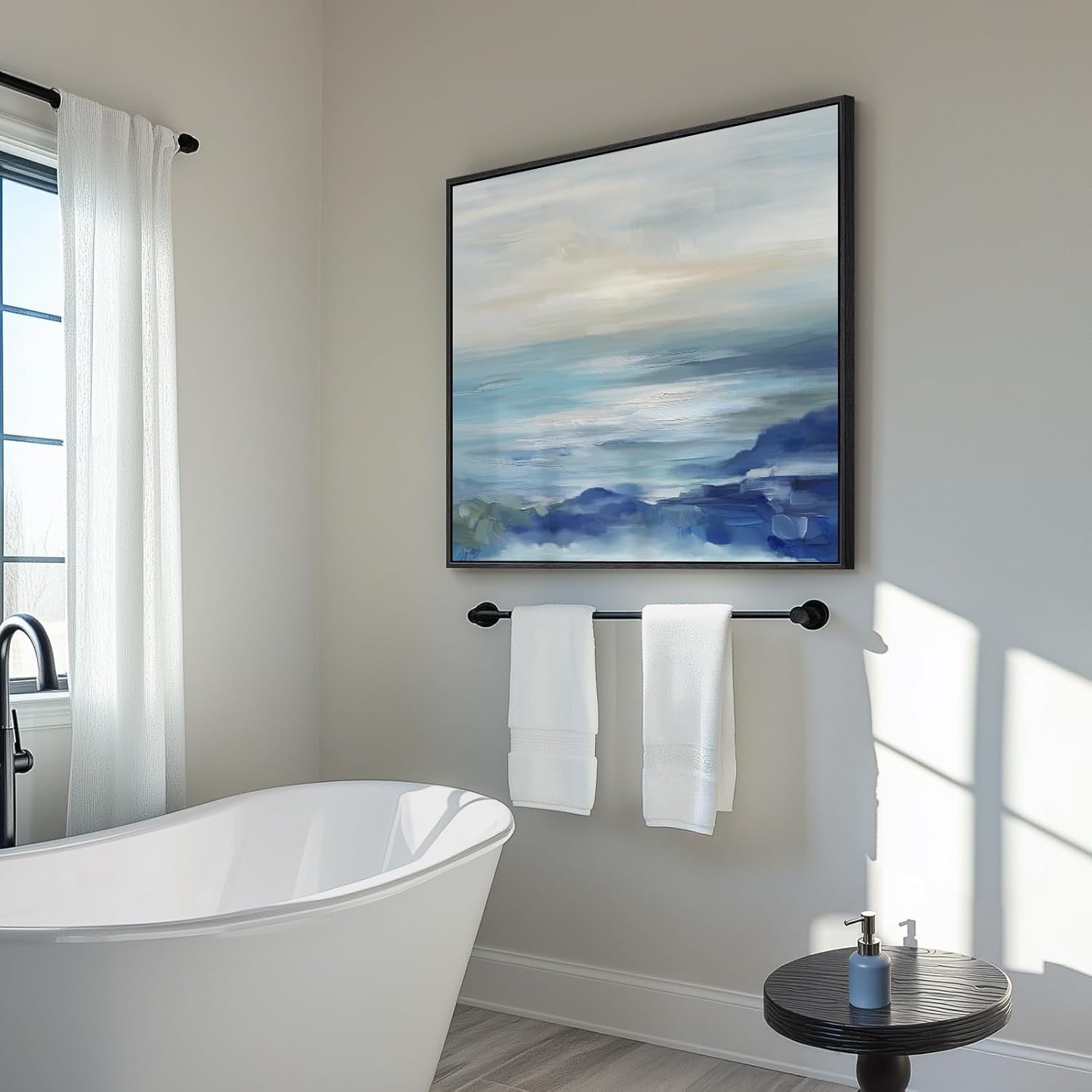 Framed Blue Abstract Coastal Canvas Wall Art 30x30 in Home Decor
