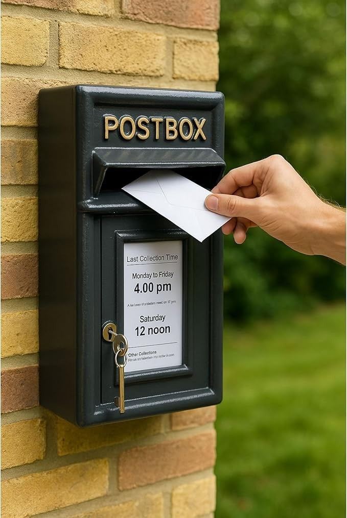 Lockable Cast Iron Wall Post Box Black – Heavy Duty, Vintage Mailbox 44cm
