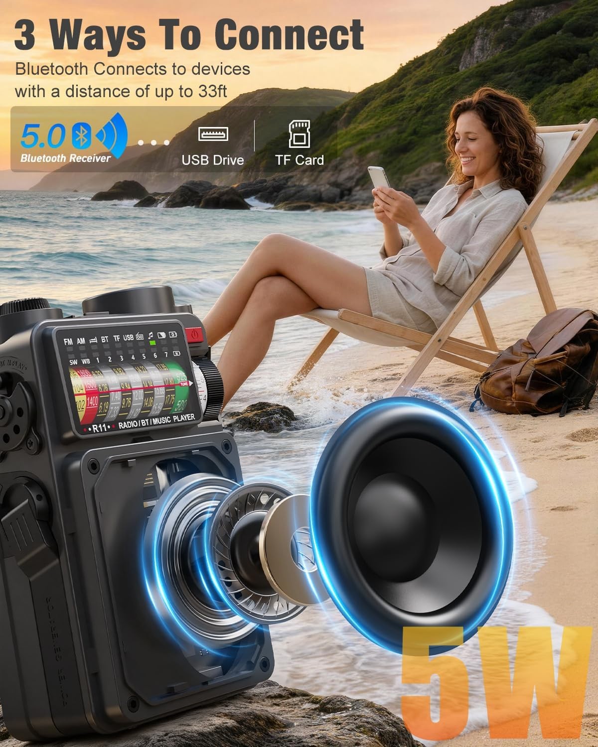 Portable Shortwave Radio NOAA AM FM Solar Crank Bluetooth