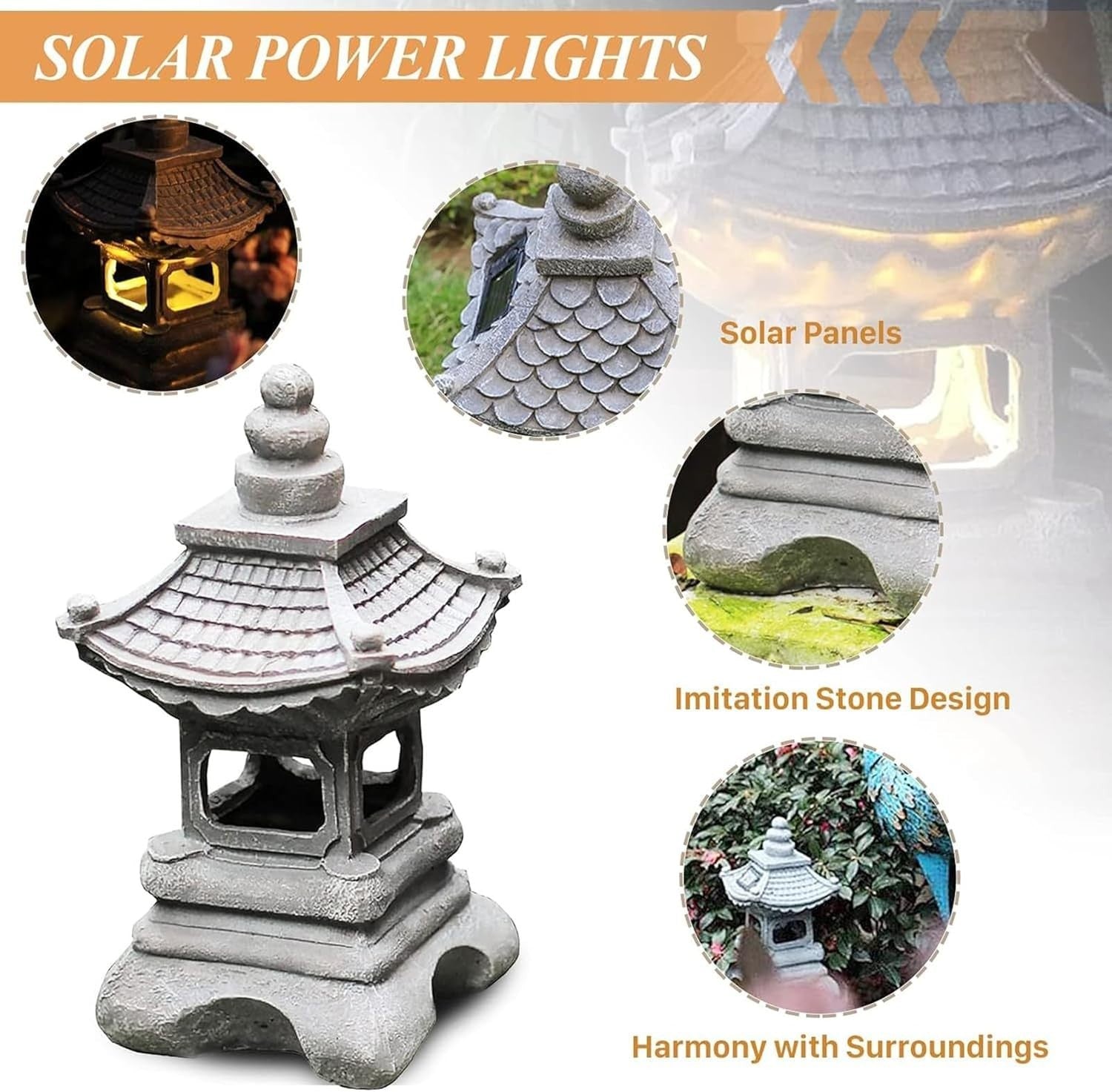 Solar Garden Pagoda Lantern – Japanese Stone LED Statue (34×17 cm)