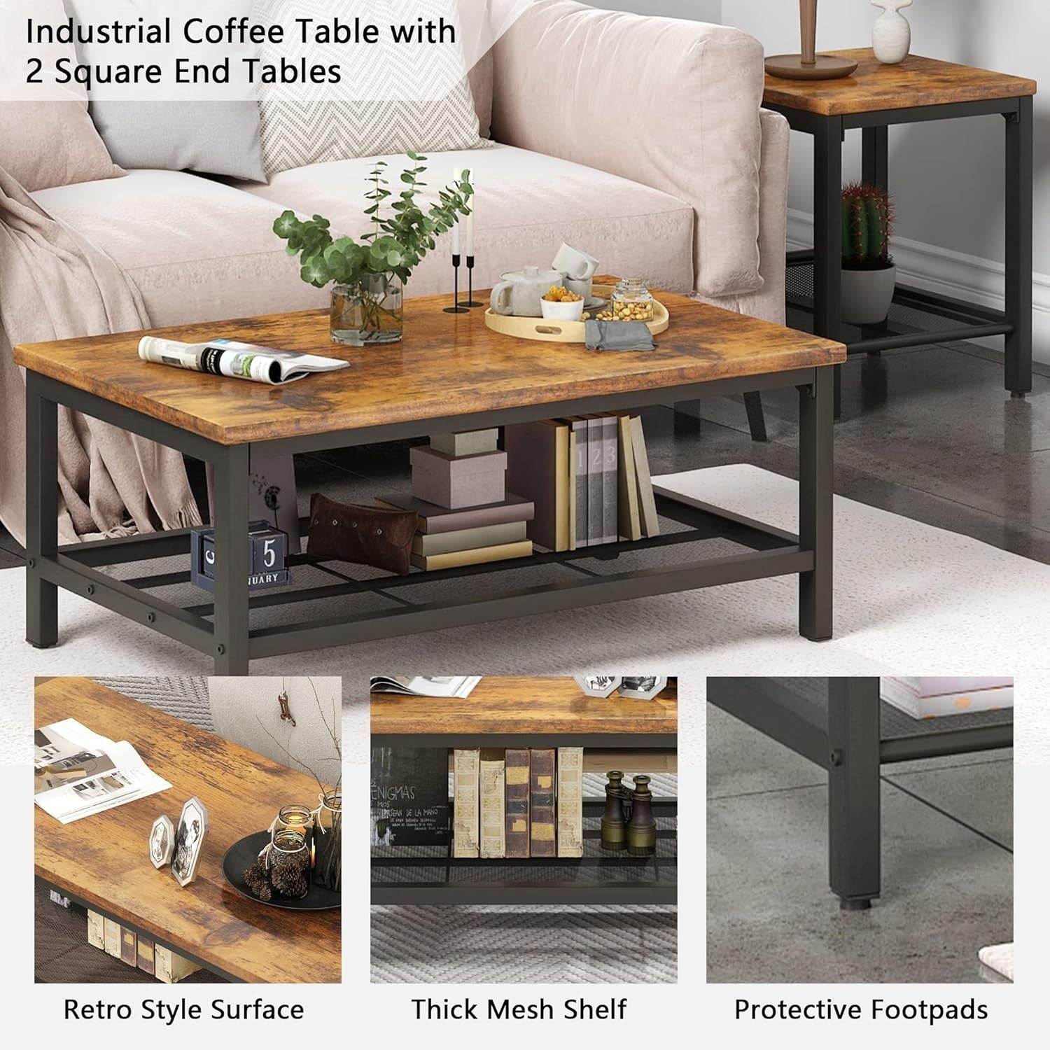 3-Piece Industrial Coffee Table Set – Rustic Wood & Metal Frame, Storage