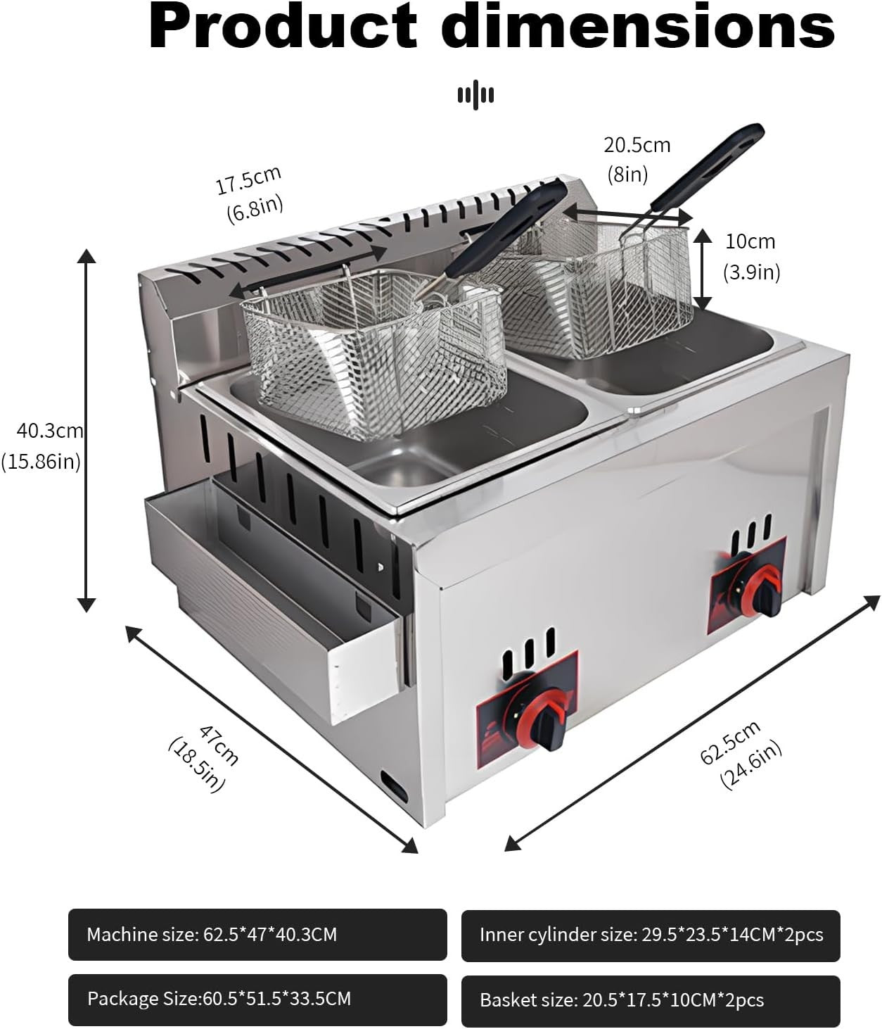 Dual Tank Gas Deep Fryer 20L Countertop Stainless Steel Commercial