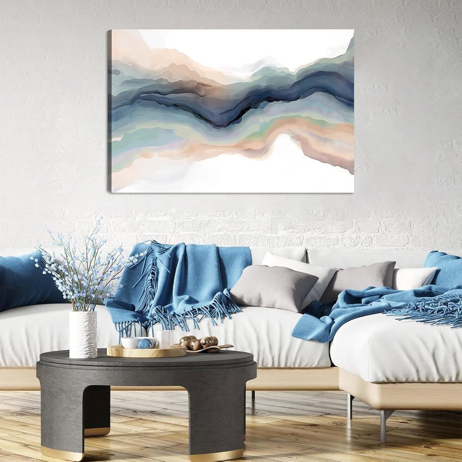 Colorful Abstract Wall Art Canvas Framed Modern Watercolor Wave Print 59x39cm