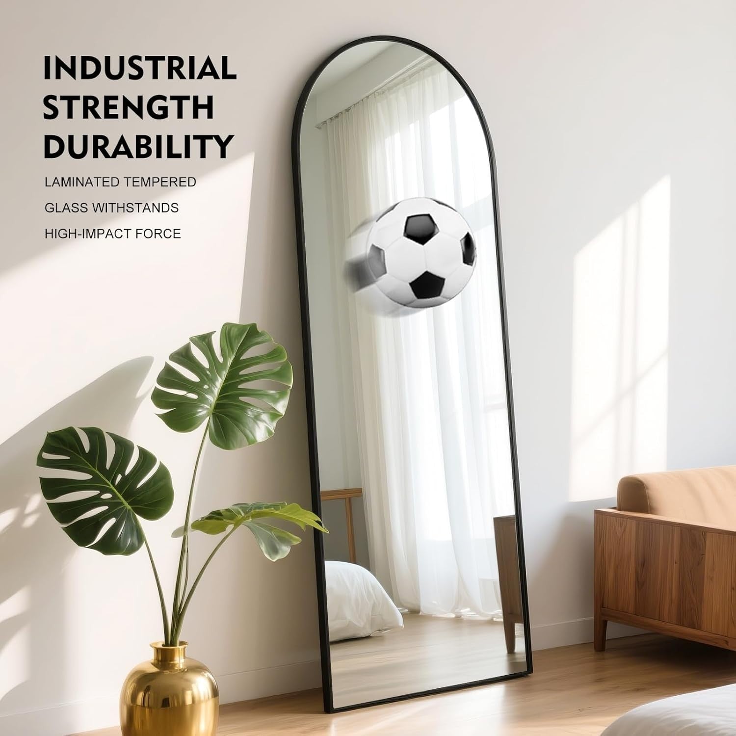 Full Length Arch Mirror 165x60cm Black Frame Tempered Glass Free Standing