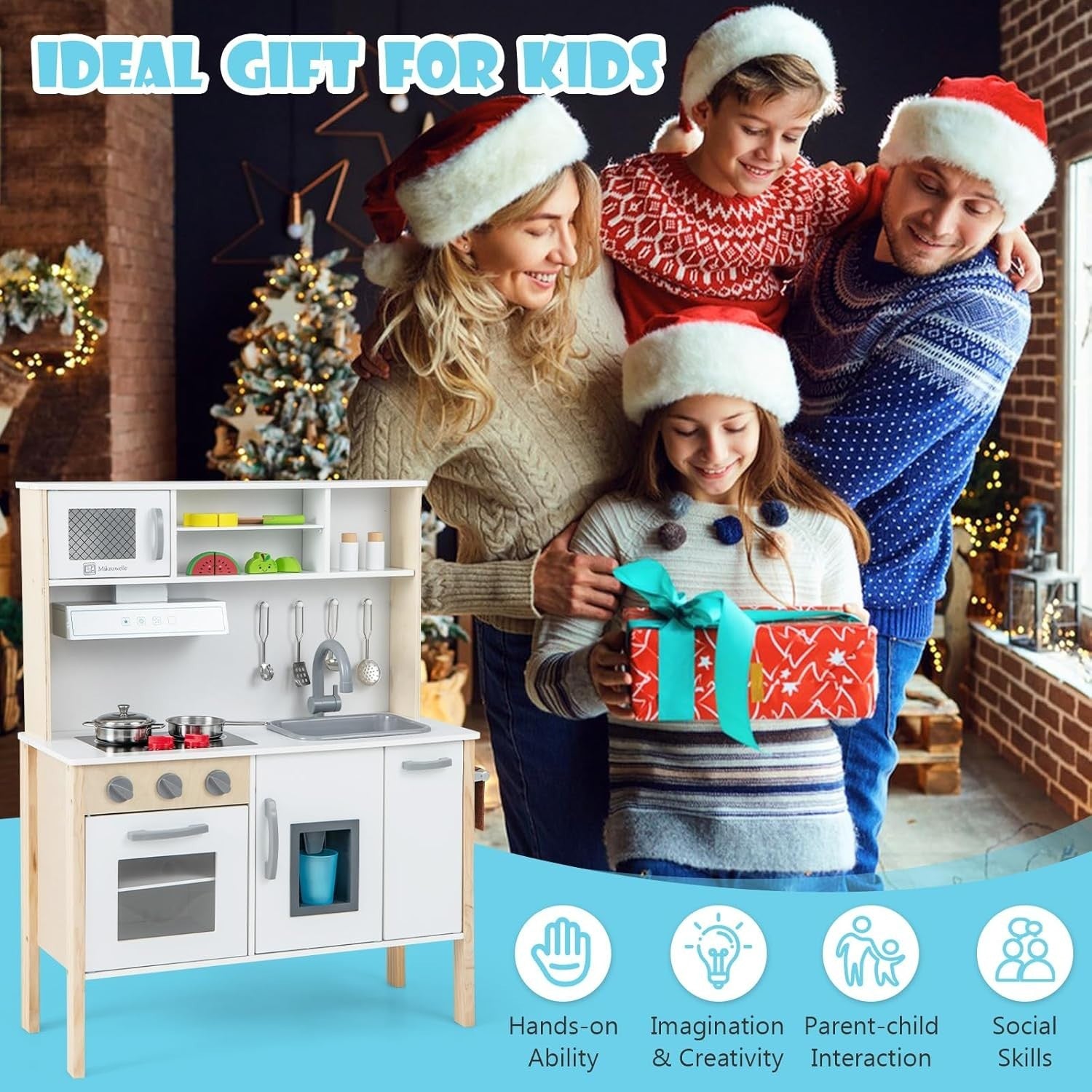 Wooden Kids Play Kitchen White Toy Set Microwave Oven Ice Maker Sound