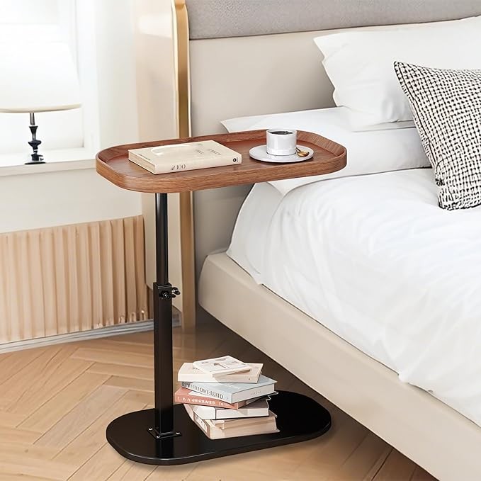 C Shaped Side Table Adjustable Height Swivel Laptop Sofa Bed Walnut Desk