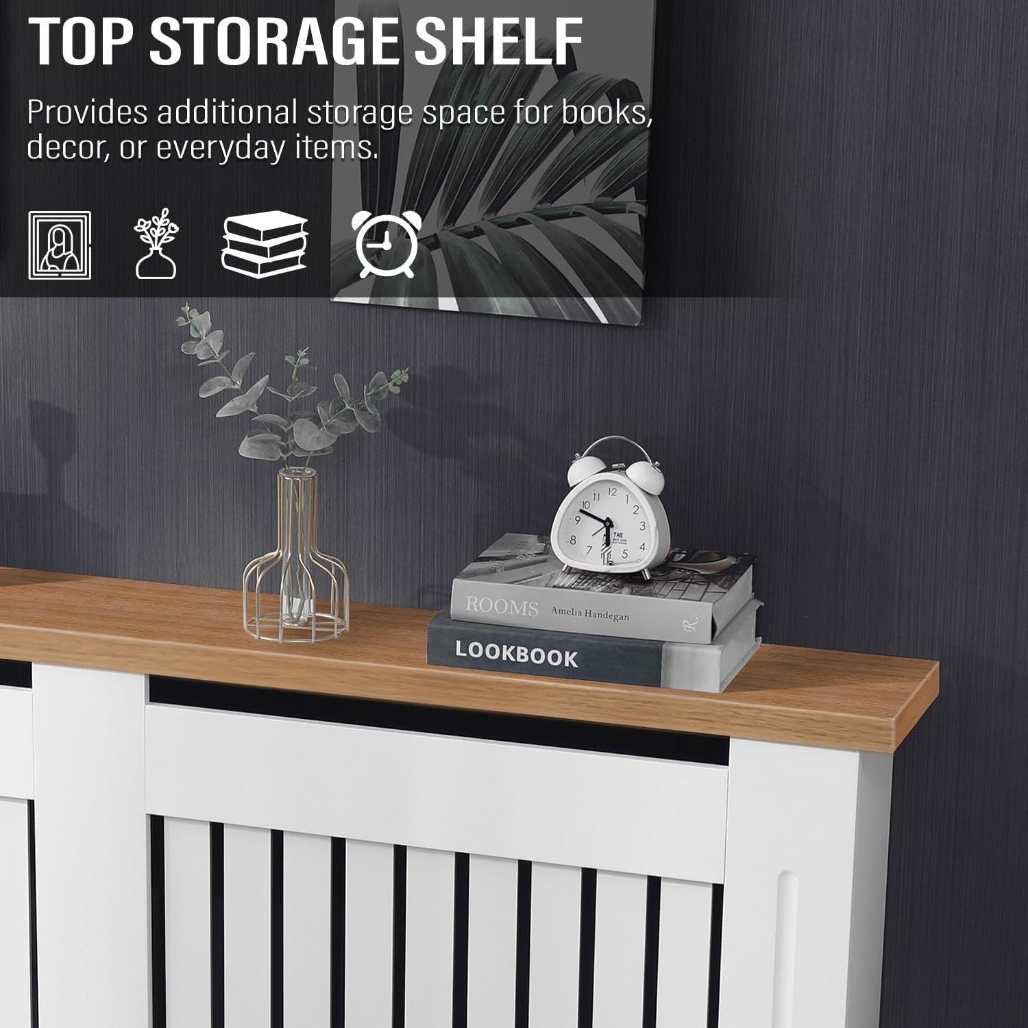 Extra Large White Radiator Cover MDF Wood Cabinet Modern Vertical Slat Oak Shelf