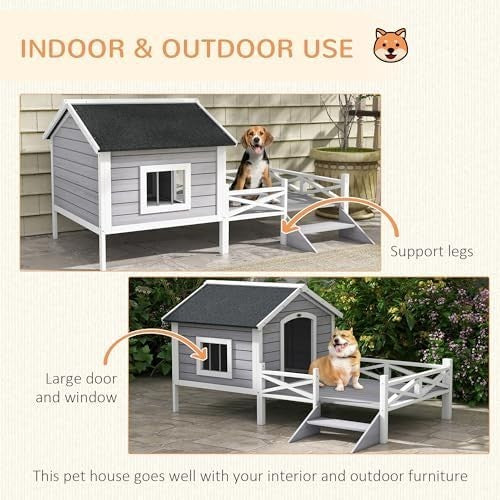Outdoor Wooden Dog House with Porch, Ladder & Window, Weatherproof Shelter