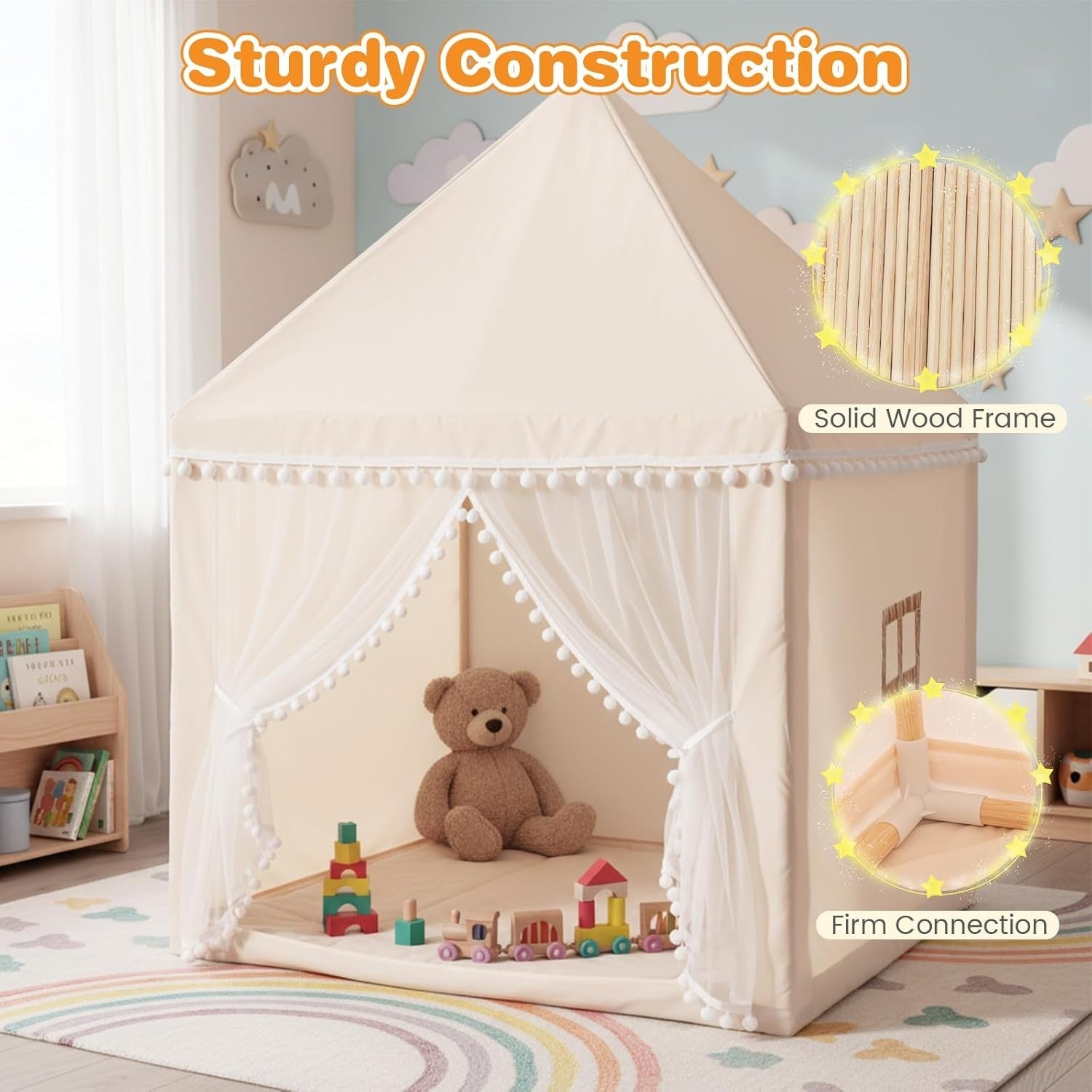 Large Wooden Kids Play Tent Indoor Outdoor Castle w Washable Mat