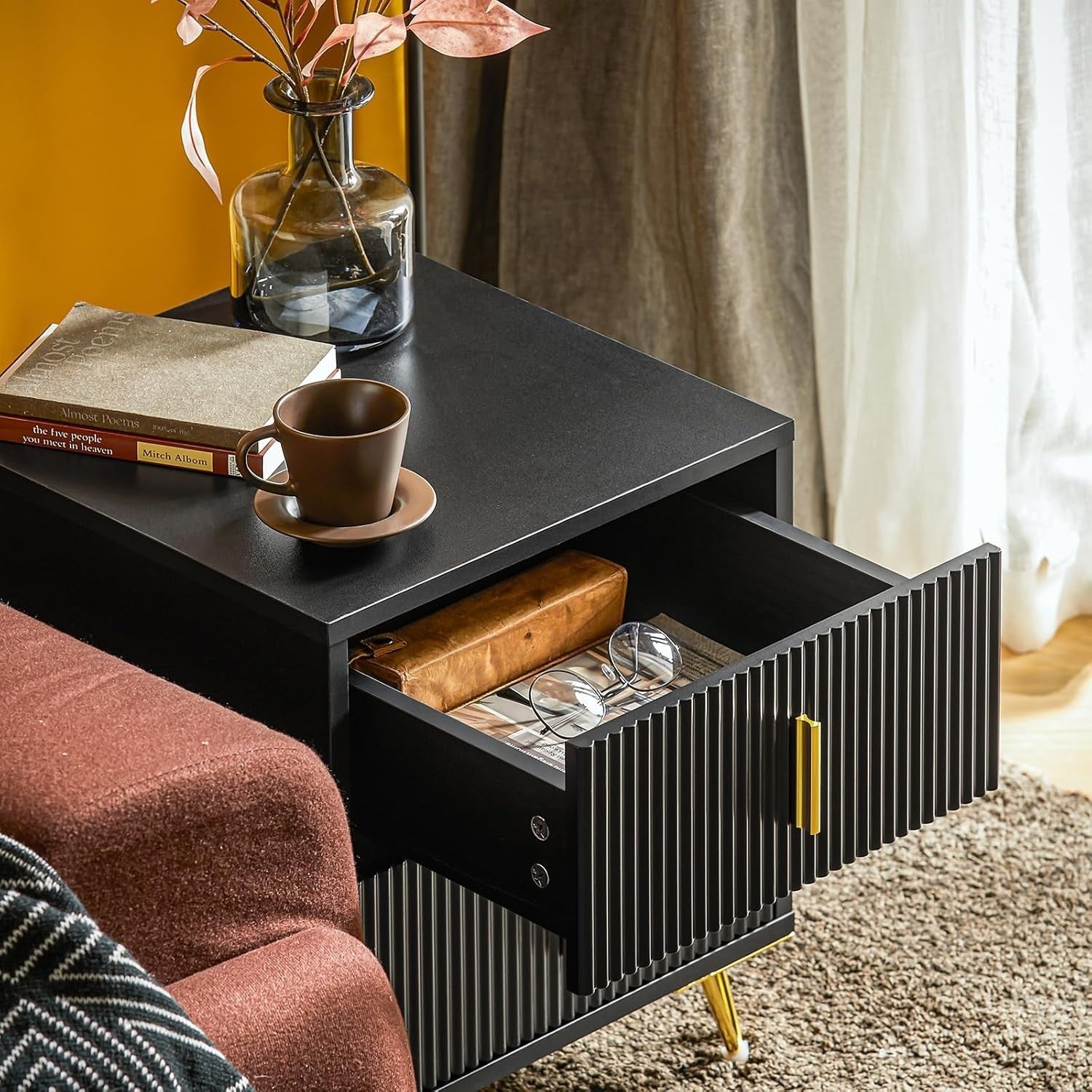 Black Bedside Table with 2 Drawers & Gold Legs – Modern Nightstand