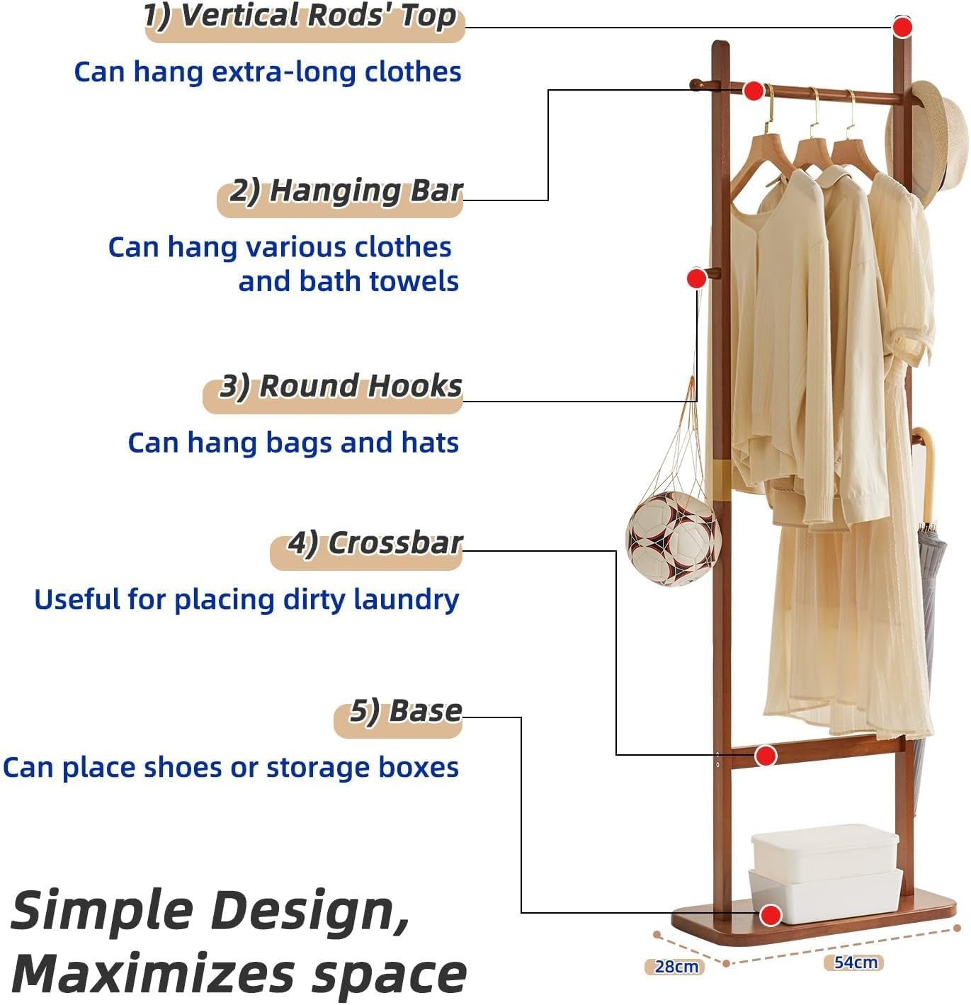 Modern Wooden Coat Rack Stand 180cm 5 Hooks Free Standing Clothes Organizer
