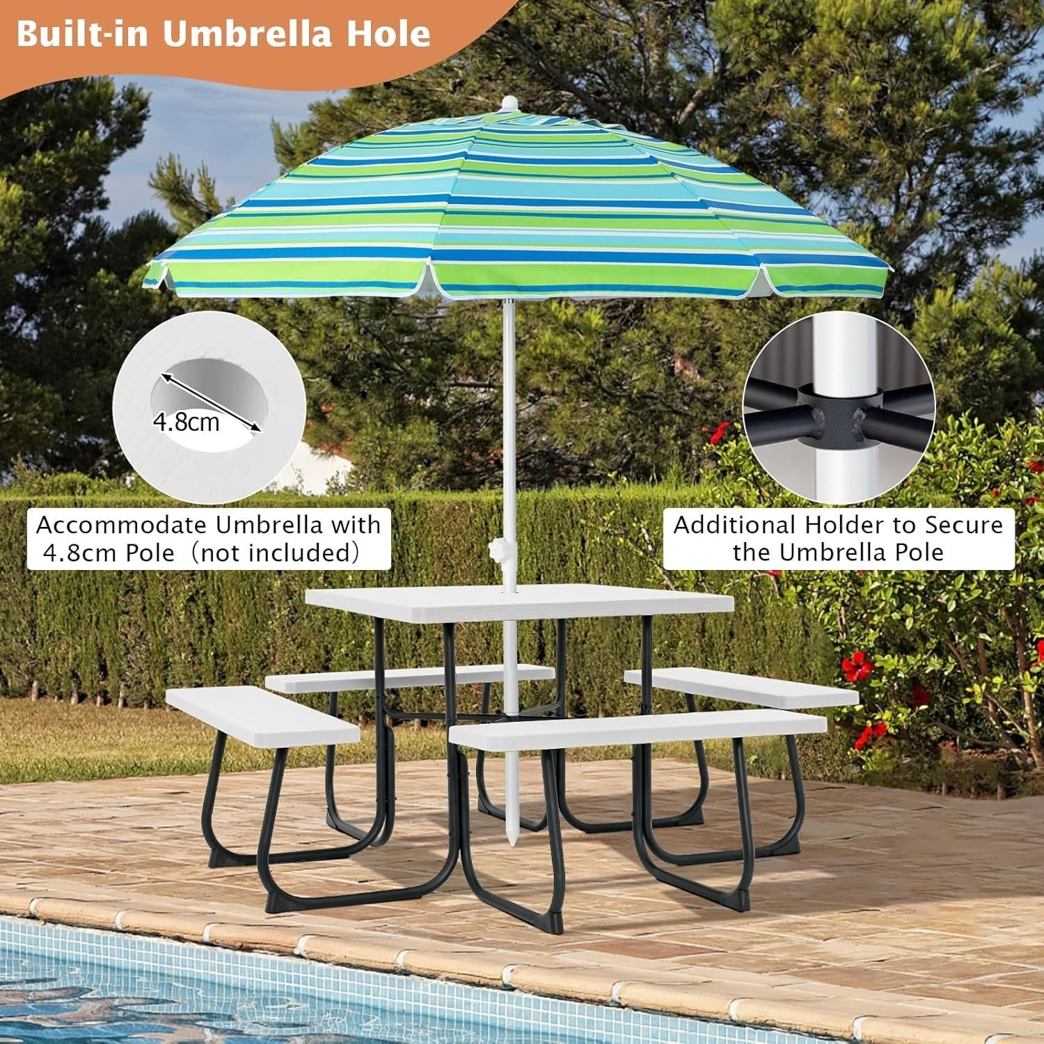 8 Seater Outdoor Picnic Table Set with Benches & Umbrella Hole – White